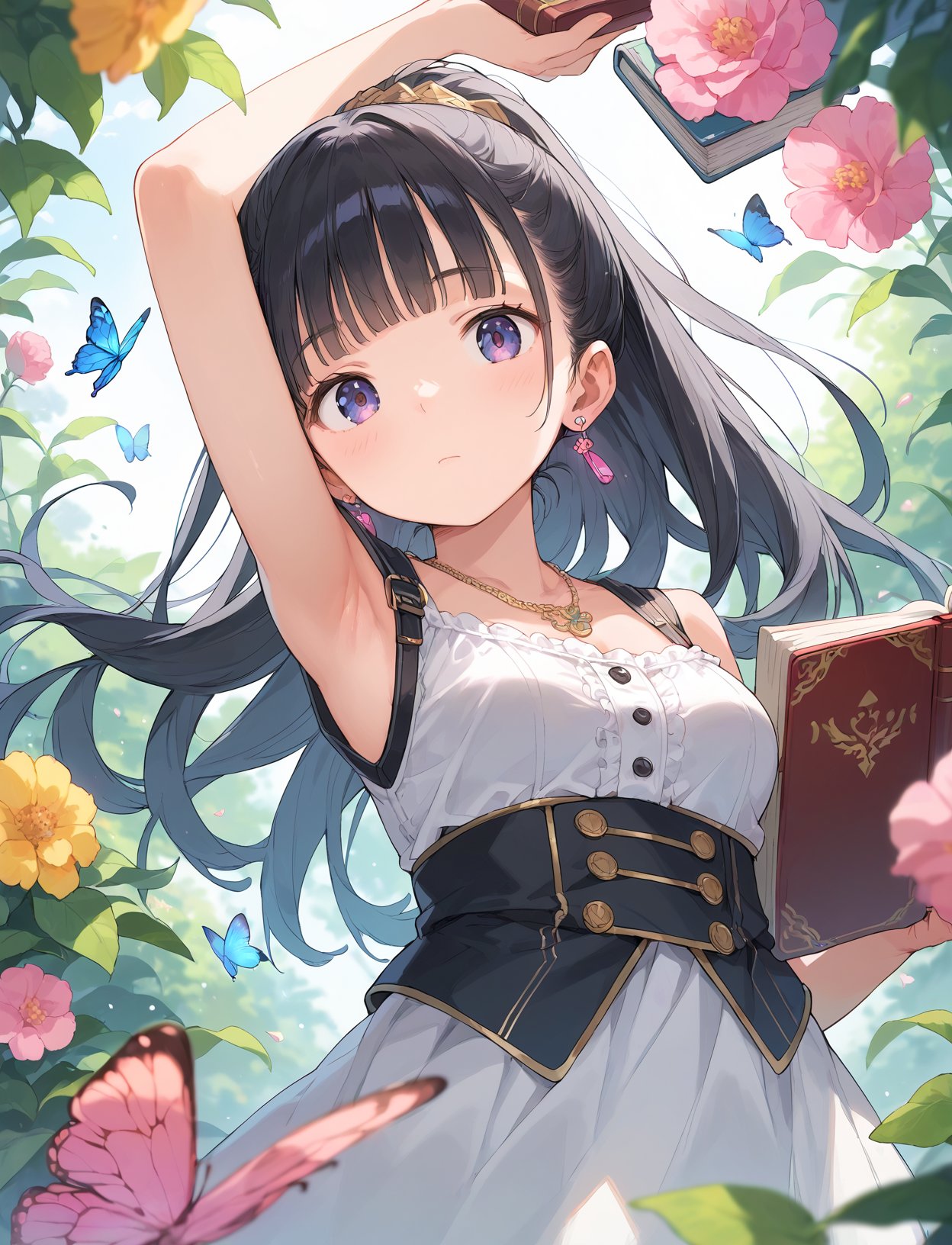 score_9, score_8_up, source_anime, (score_7_up, score_6_up:0.8) , source_anime, official art, masterpiece, highres, BREAKdynamic angle, 1girl, depth of field,  absurdres, incredibly absurdres,, arm up, armpits, black hair, blunt bangs, blurry, book, breasts, bug, butterfly, buttons, closed mouth, earrings, flower, holding, holding book, jewelry, long hair, necklace, pink flower, ponytail, ribbon, solo