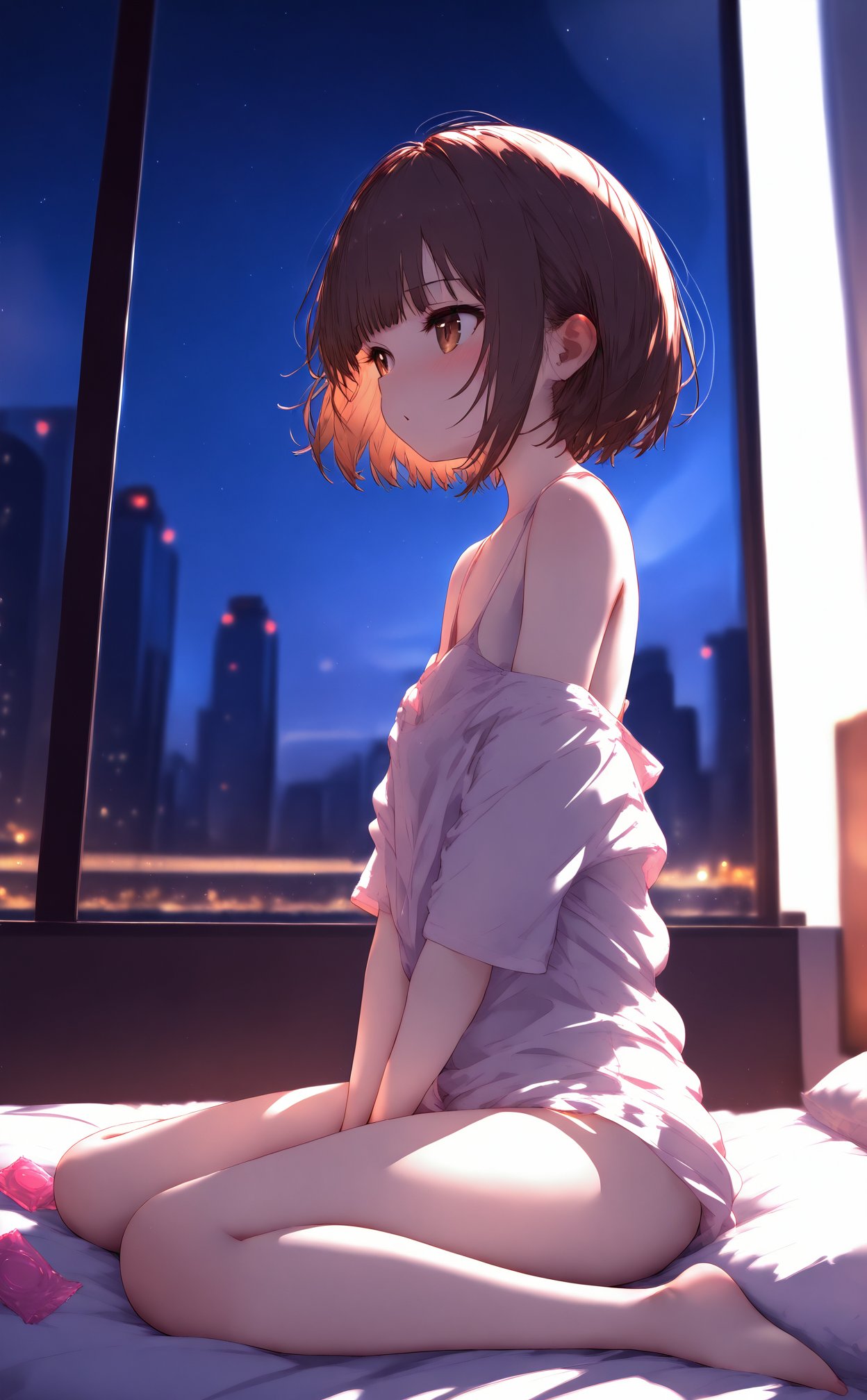 masterpiece,best quality,high quality,(colorful),nai3 Style,loli,1girl,solo,sitting,short hair,cityscape,barefoot,night,city,building,brown eyes,city lights,pillow,bed,indoors,brown hair,off shoulder,shirt,sky,on bed,scenery,skyscraper,wariza,window,hand between legs,between legs,bare shoulders,from side,depth of field,blurry,bare legs,blush,bed sheet,condom,