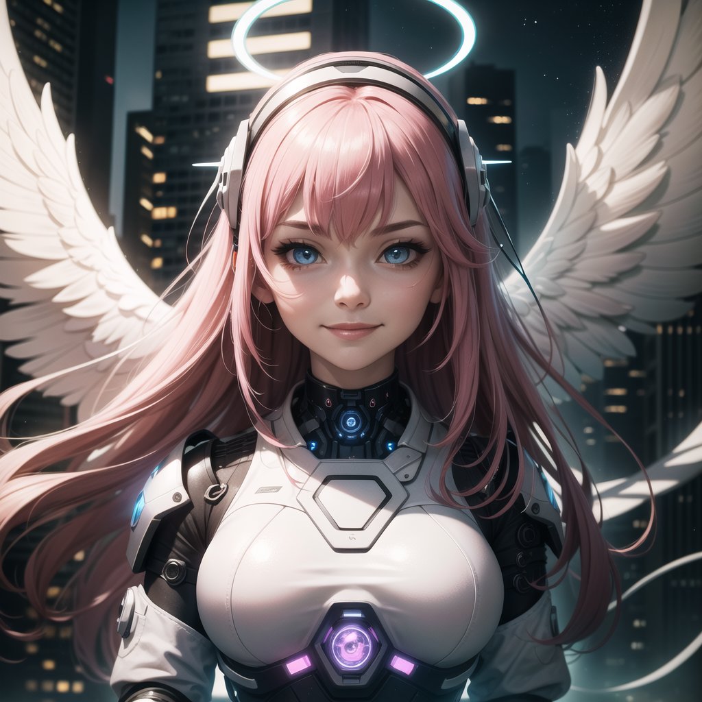 ((masterpiece, best quality, extremely detailed), volumetric lighting, ambient occlusion, colorful, glowing, expressive eyes),

1girl, pink hair, long hair, halo, aura, sacred, godness, cyber suit, (white outfit:1.3), android, bot, angel wings,
outdoors, night, sky, clouds, moon, stars,
(cyberpunk theme), (Cyborg theme),

open eyes, smiling, closed mouth,
upper body, close up, portrait,