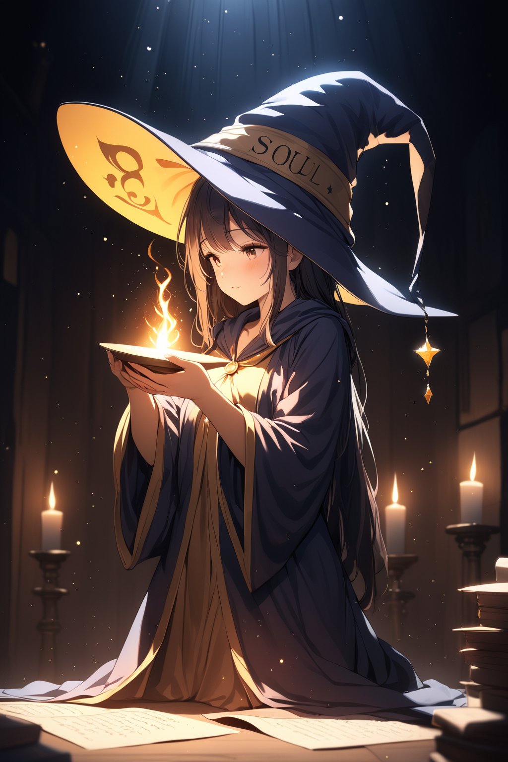 1girl, solo, wizard hat, robe, soul in hands, spelling, dark room, light particles, depth of field, soft lighting, masterpiece, best quality