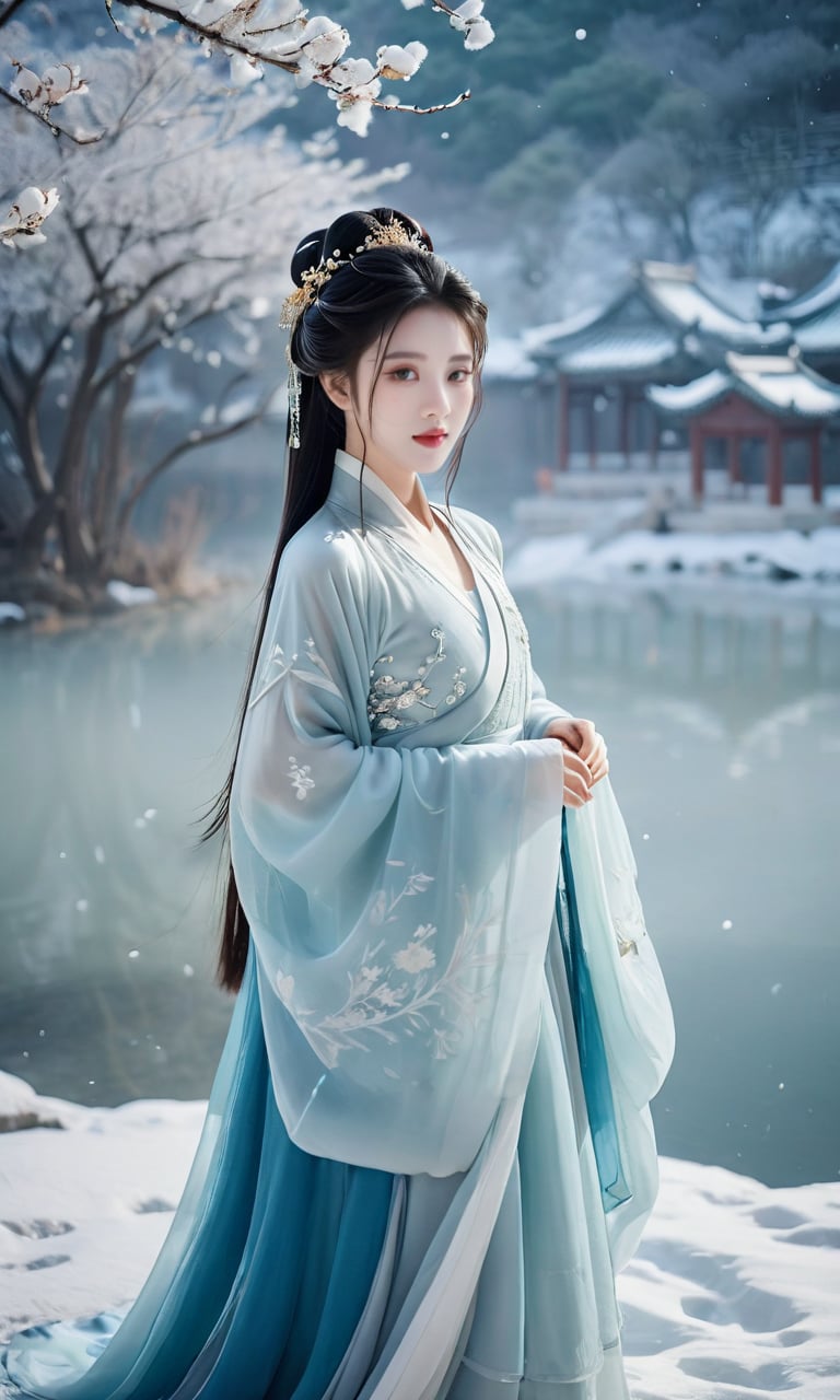 a 18 years old cute girl with thin face wearing hanfu,In the enchanting style of 90s Cinematic photography,capture the beauty of a Chinese girl::4 gracefully adorned in a Hanfu attire amidst a winter wonderland. Against a backdrop of a snow-covered landscape,she stands as if emerging from a dream,her flowing blue gown glistening like transparent ice. The soft moonlight illuminates the scene,while a gentle haze of smoke envelopes the air,creating an ethereal and mystical atmosphere. The composition::1 emphasizes the delicate intricacies of her Hanfu and the contrast with the snowy surroundings. The cool blue tones of her dress harmonize with the moonlit ambiance and the soft veil of smoke,resulting in a captivating and otherworldly image. Panaflex Platinum,35mm focal length,f/2.5 aperture,ISO 400,shutter speed 1/100.