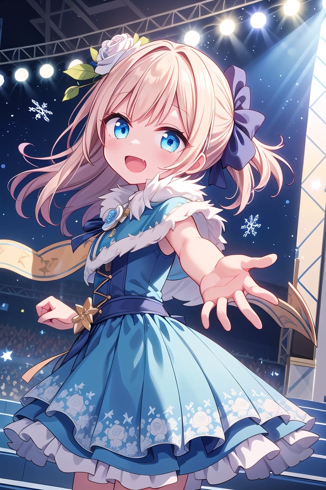 girl,audience,blue capelet,blue dress,blue eyes,capelet,catwalk (walkway),dot nose,dress,dutch angle,fang,film grain,flower,from side,fur-trimmed capelet,fur-trimmed dress,fur trim,glowstick,hair down,hair flower,hair ornament, idol,idol clothes,lens flare,long hair,looking at viewer,open mouth,outstretched arm,rose,smile,snowflakes,solo,sparkle,stage,stage lights,star (symbol),white flower,white rose ,