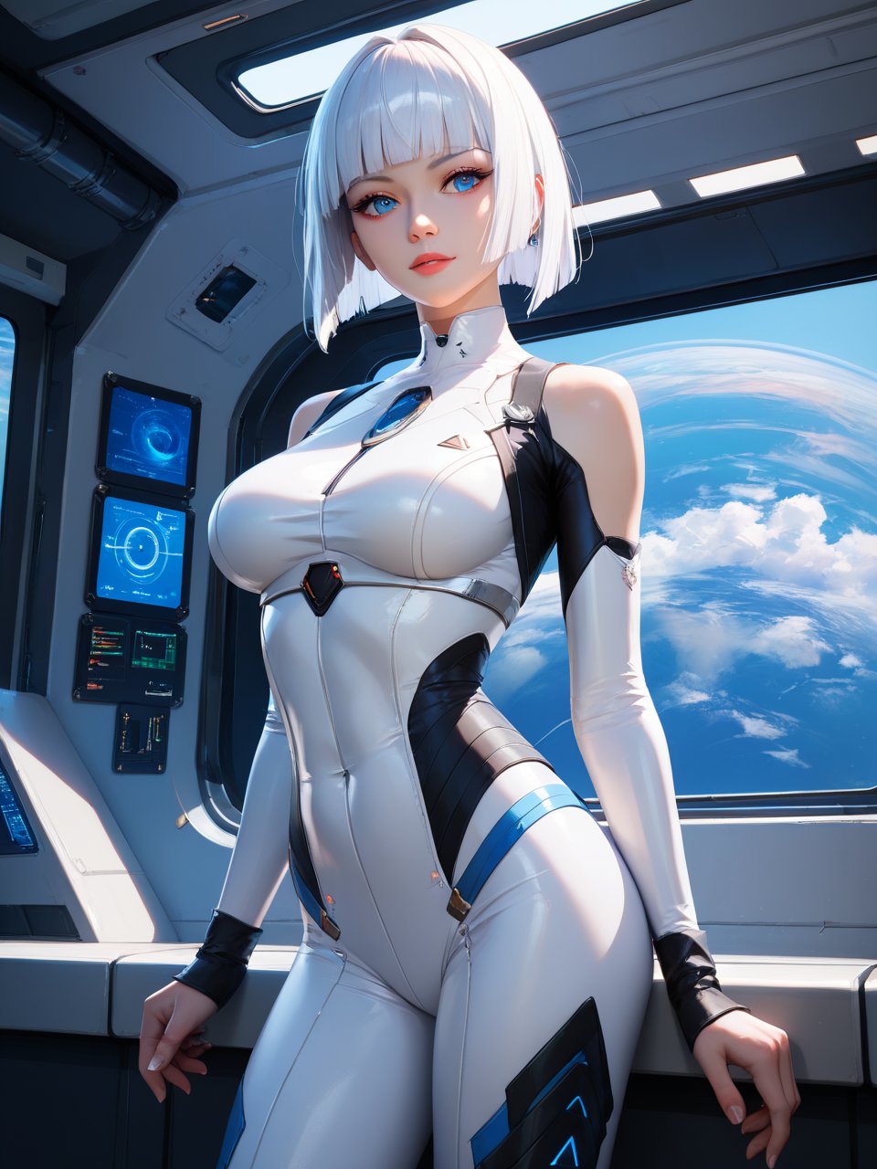 score_9,score_8_up,score_7_up,1girl,solo,best quality,highres,masterpiece,rim light,available light,cinematic lighting,highly detailed,high budget,masterpiece,best quality,perfect anatomy,very aesthetic,1girl,solo,white hair,short hair, hime cut, white bodysuit, cowboy_shot,spacecraft interior,