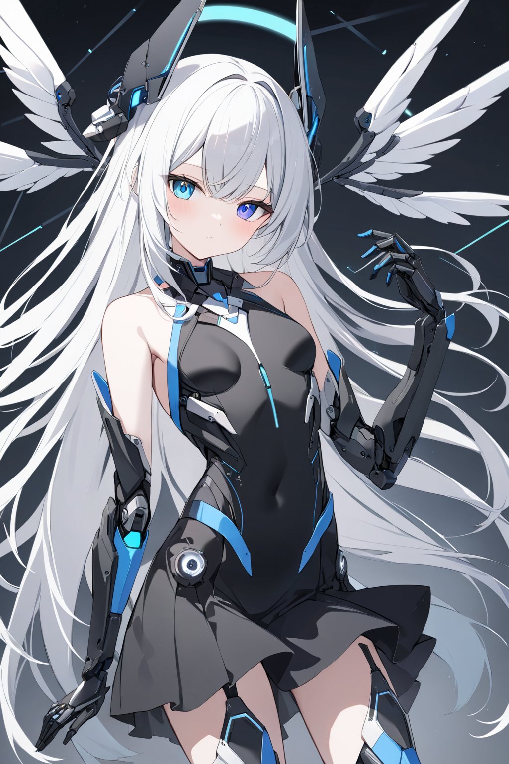 1girl, solo, heterochromia, mechanical arms, mechanical legs, cowboy shot, dress, black dress, long hair, blue eyes, small breasts, looking at viewer, breasts, wings, white hair, bare shoulders, white hair, android, headgear, high heels, best quality, absurdres, newest