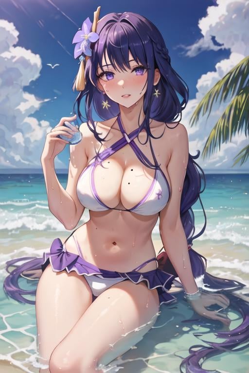 best quality, masterpiece, highres, solo, {raiden_shogun_genshin:1.15}, long_hair, purple_hair, bangs, purple_eyes, mole_under_eye, mole, breasts, hair_ornament, large_breasts, flower, braid, cleavage, hair_flower, blush, very_long_hair, 1girl, bikini, blue_sky, cloud, day, looking_at_viewer, outdoors, sky, swimsuit, wet, bare_shoulders, braided_ponytail, navel, ocean, parted_lips, beach, blunt_bangs, collarbone, criss-cross_halter, halterneck, purple_bikini, sarong, stomach, water, white_bikini