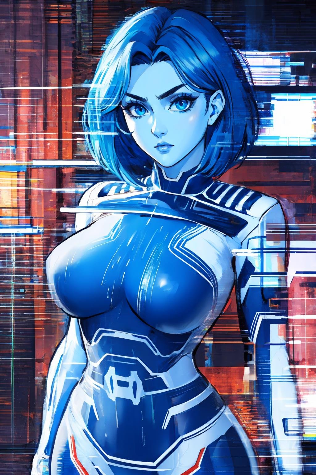 masterpiece, best quality, <lora:theweapon-nvwls-v1-000009:0.9> thewpn, blue skin, blue bodysuit, large breasts, looking at viewer, furrowed brow,  <lora:Glitching:1> Glitching, glitch, abstract background