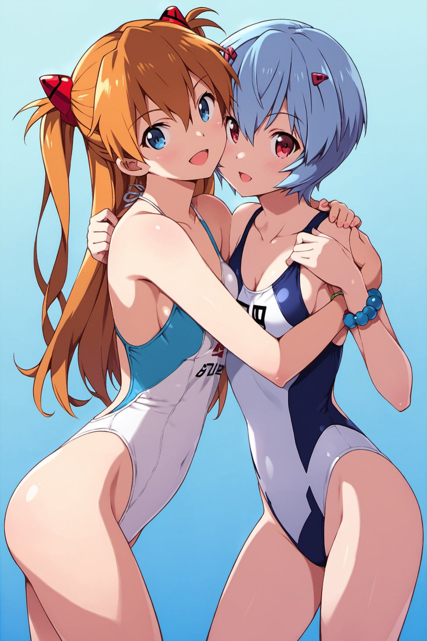 souryuu asuka langley,swimsuit,multiple girls,ayanami rei,2girls,blue eyes,blue hair,long hair,bangs,red eyes,short hair,jewelry,highleg swimsuit,breasts,highleg,smile,open mouth,looking at viewer,:d,one-piece swimsuit,two side up,bracelet,bikini,from side,plaid,orange hair,plaid bikini,gradient,hair between eyes,small breasts,gradient background,hair ornament,clothes writing,hug,holding,cowboy shot,leaning forward,white one-piece swimsuit,cleavage,fruit,looking back,standing,head tilt,parted bangs,blue background,beads,white bikini,collarbone,casual one-piece swimsuit,sideboob,checkered clothes,groin,hand on another's shoulder,score_9,score_8_up,<lora:Kanzaki Hiro_XL_PONY:0.9>,