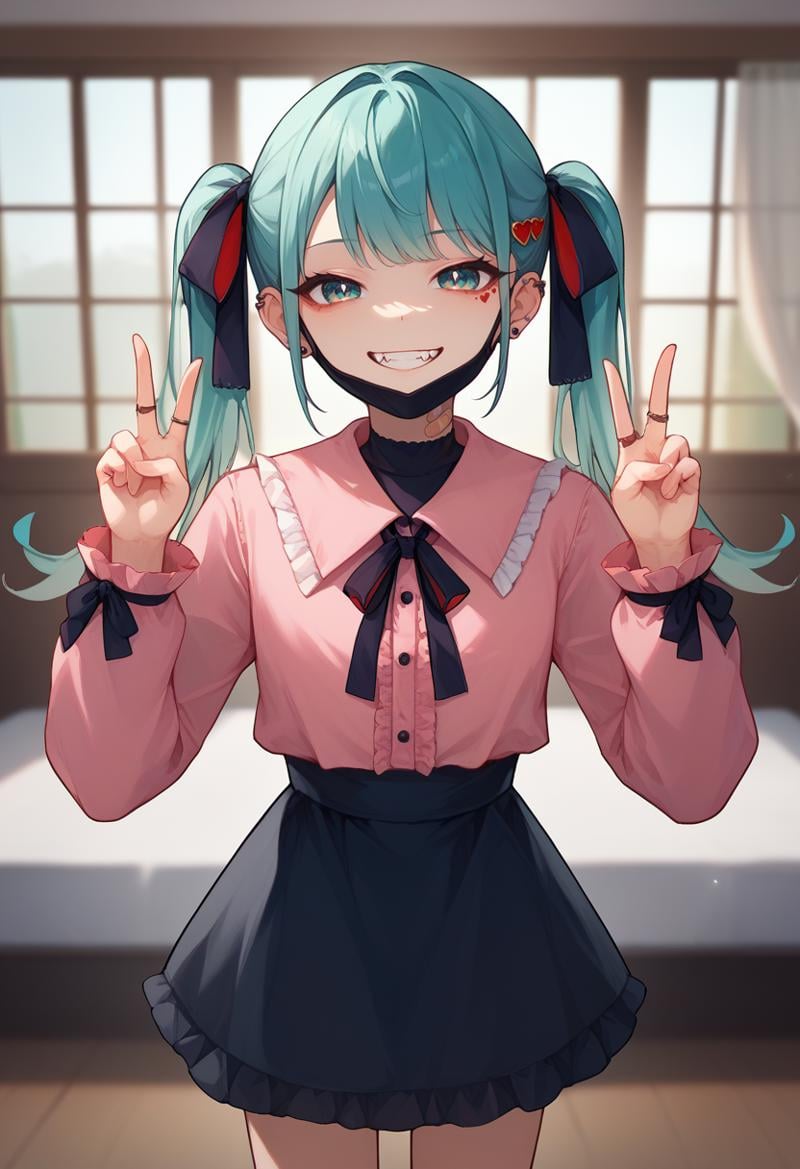 score_9, score_8_up, score_7_up, solo, 1girl, vampiremiku, heart facial mark, fangs, grin, looking at viewer, standing, double v, aqua hair, twintails, heart hair ornament, hair ribbon, black ribbon, aqua eyes, jirai kei, frills, pink shirt, frilled shirt collar, long sleeves, black skirt, ear piercing, earrings, black mask, mouth mask, bandaid on neck, ring, indoors <lora:vocaloid_vampiremiku_ponyXL:1>