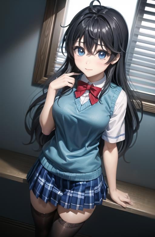 Ako_(School Uniform), 1girl, masterpiece, 8k, 4k, waist up, black hair, detailed face+blue eyes, blue sweater vest, plaid skirt, short sleeve blue sweater, red neck bow, black thighhighs,  <lora:Ako_LA_AVATAR_V5.1:0.7>