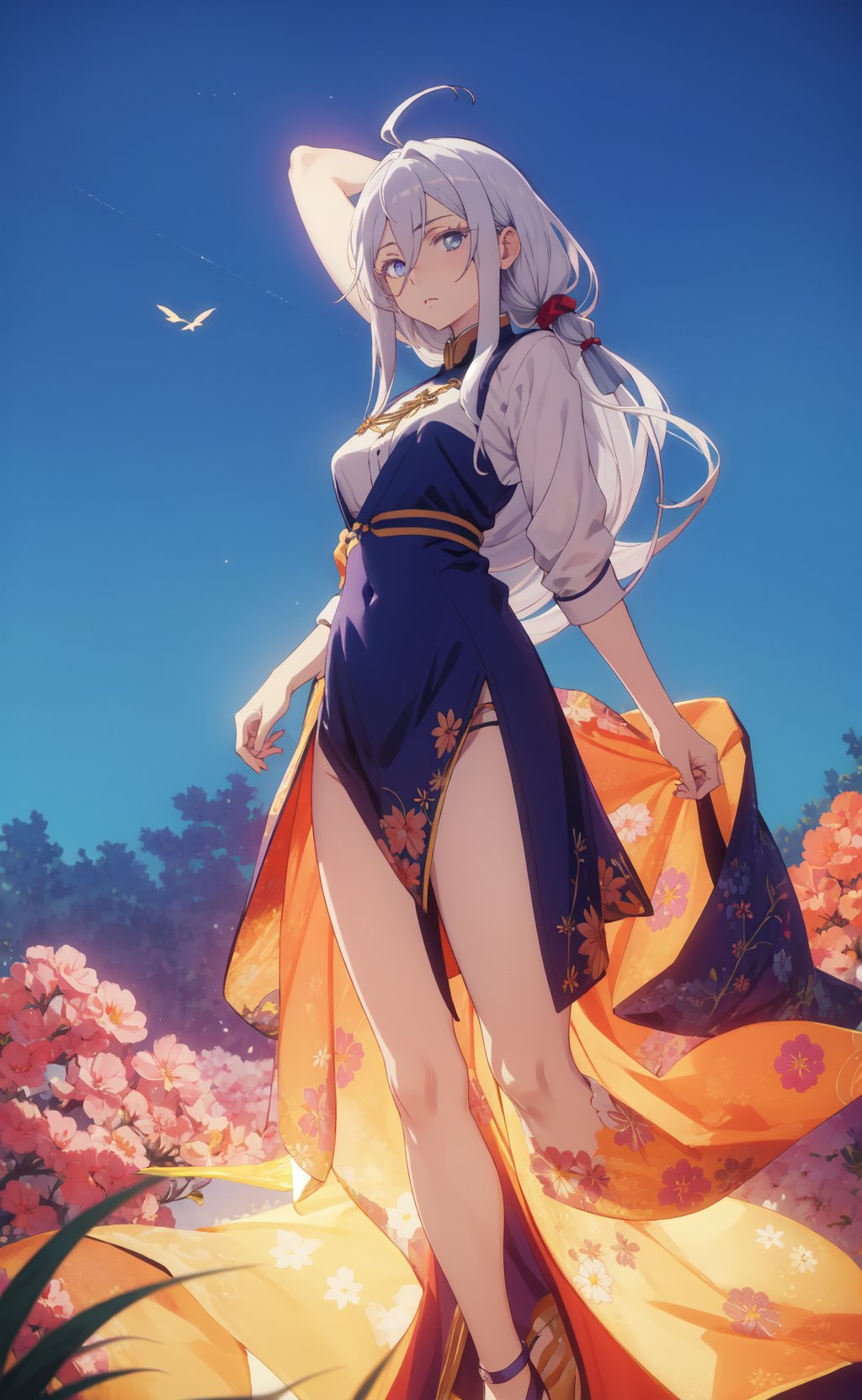 <lora:Milize-000014:0.8>,Milize CYQL,1girl,looking at viewer,solo,white hair,long hair,hair between eyes,antenna hair,blue eyes,(Floral_summer_dress:1.5),(Strappy_sandals:1.4),(Straw_hat:1.3),(Picnic_park_background:1.2),tearing_up,profile,Sunset, Savanna, Grassland, Trees, Silhouettes, Colors, Wildlife, Horizon,(Cottage garden flowers, Fall foliage, Autumnal charm, Harvest season, English countryside, Rustic beauty:0.5),beautiful detailed sky,beautiful detailed glow,posing in front of a colorful and dynamic background,masterpiece,best quality,beautiful and aesthetic,contrapposto,female focus,wallpaper,