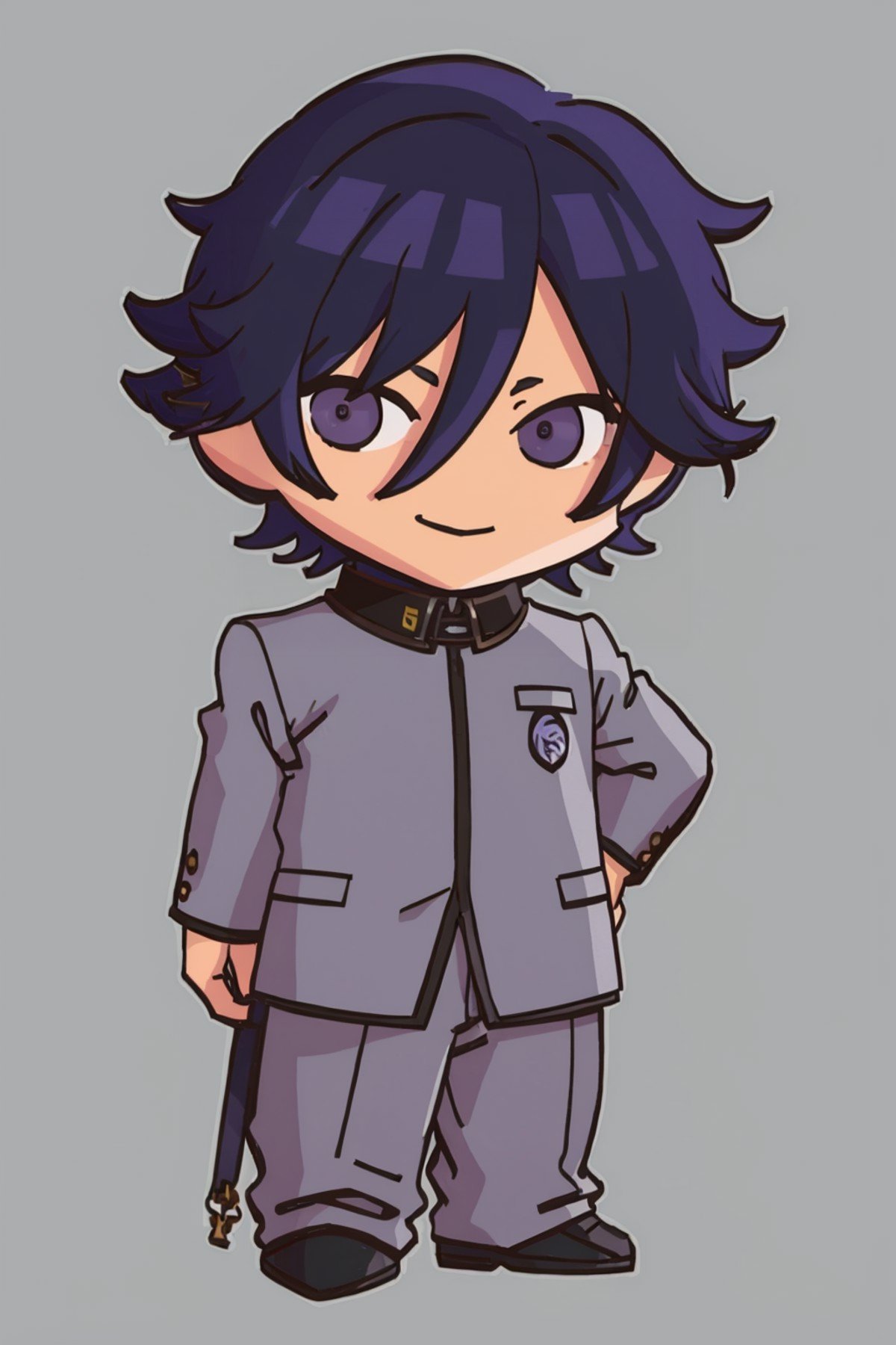 masterpiece, best quality, solo, 1boy, smile, looking at viewer,   <lora:FEH-MTH_Fp:0.8>, simple background, chibi,  <lora:NaoyaV3:1> Naoya, school uniform, grey pants, purple eyes, 