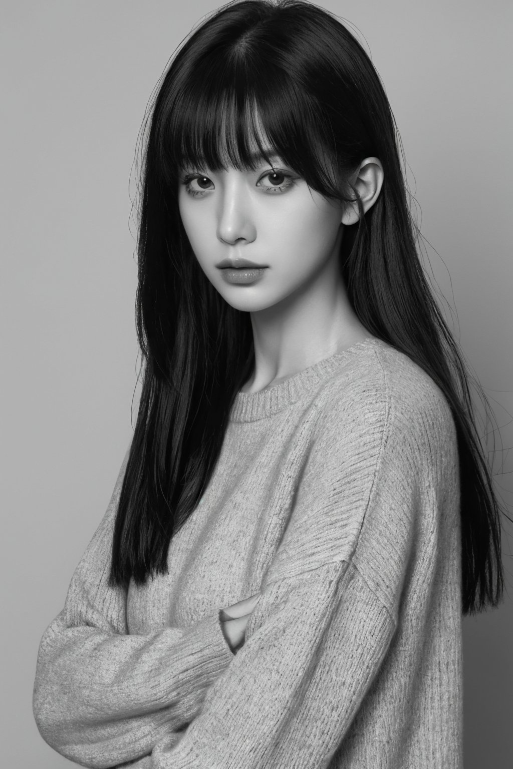 1girl,solo,greyscale,monochrome,looking at viewer,realistic,sleeves past wrists,watermark,lips,bangs,long sleeves,closed mouth,grey background,web address,long hair,upper body,sweater,simple background,nose,<lora:heibai_20231113120702:0.5>,