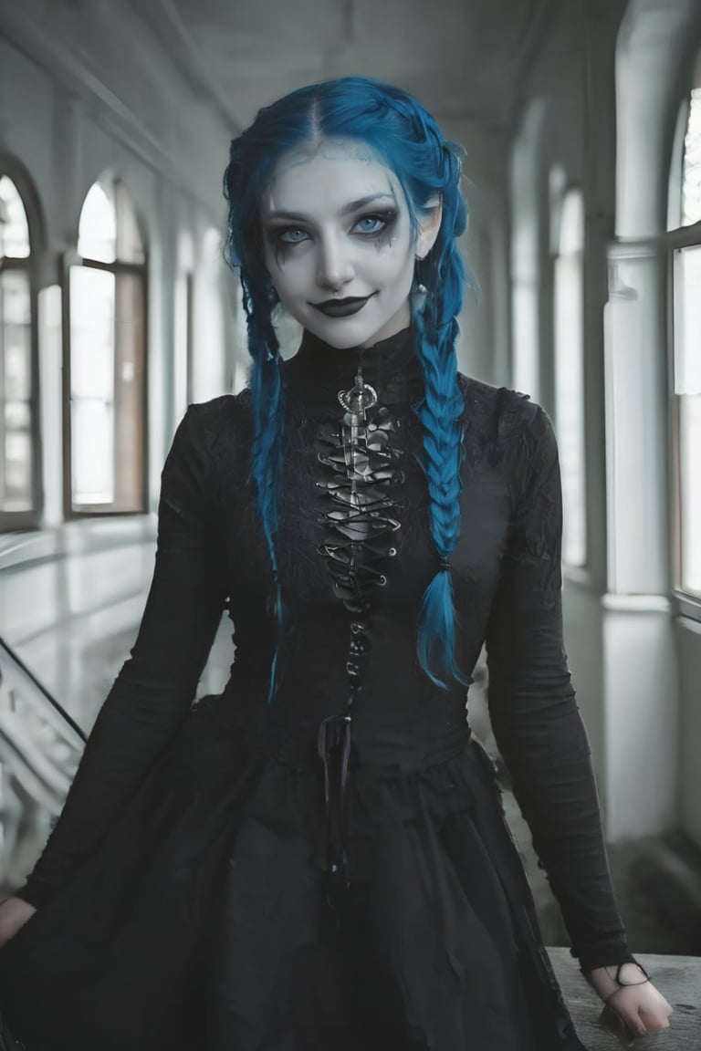 score_8_up, photo \(medium\), detailed skin, Masterpiece, best quality, 1girl, solo, headshot, smile, goth, makeup, gorgeous, blue eyes, twin briads, braided hair, black hair, indoors, gothic mansion<lora:EMS-422766-EMS:1.000000>