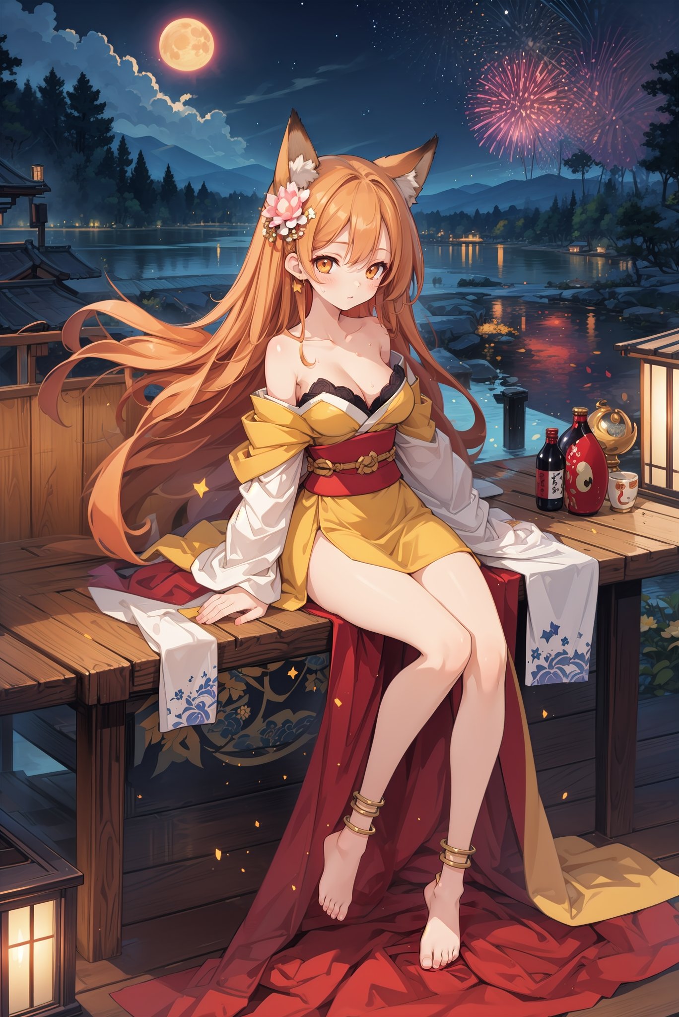 ,, ,, masterpiece,4k, best quality,top quality, official art,highest detailed,colorful,distinct_image,, 1girl,full body,night,fireworks,sitting,fox ears,summer,summer festival,lotus,bare shoulders,sweat,orange hair,brown eyes,medium breasts,very long hair,big hair,(barefoot),full moon,veranda,sake bottle,off-shoulder japanese clothes,collarbone, cleavage ,slit pupils,anklet,toes, colored shadow, toenails,hands on own chest,purple and yellow clothes,hair flower,moon,star \(sky\), breast suppress,