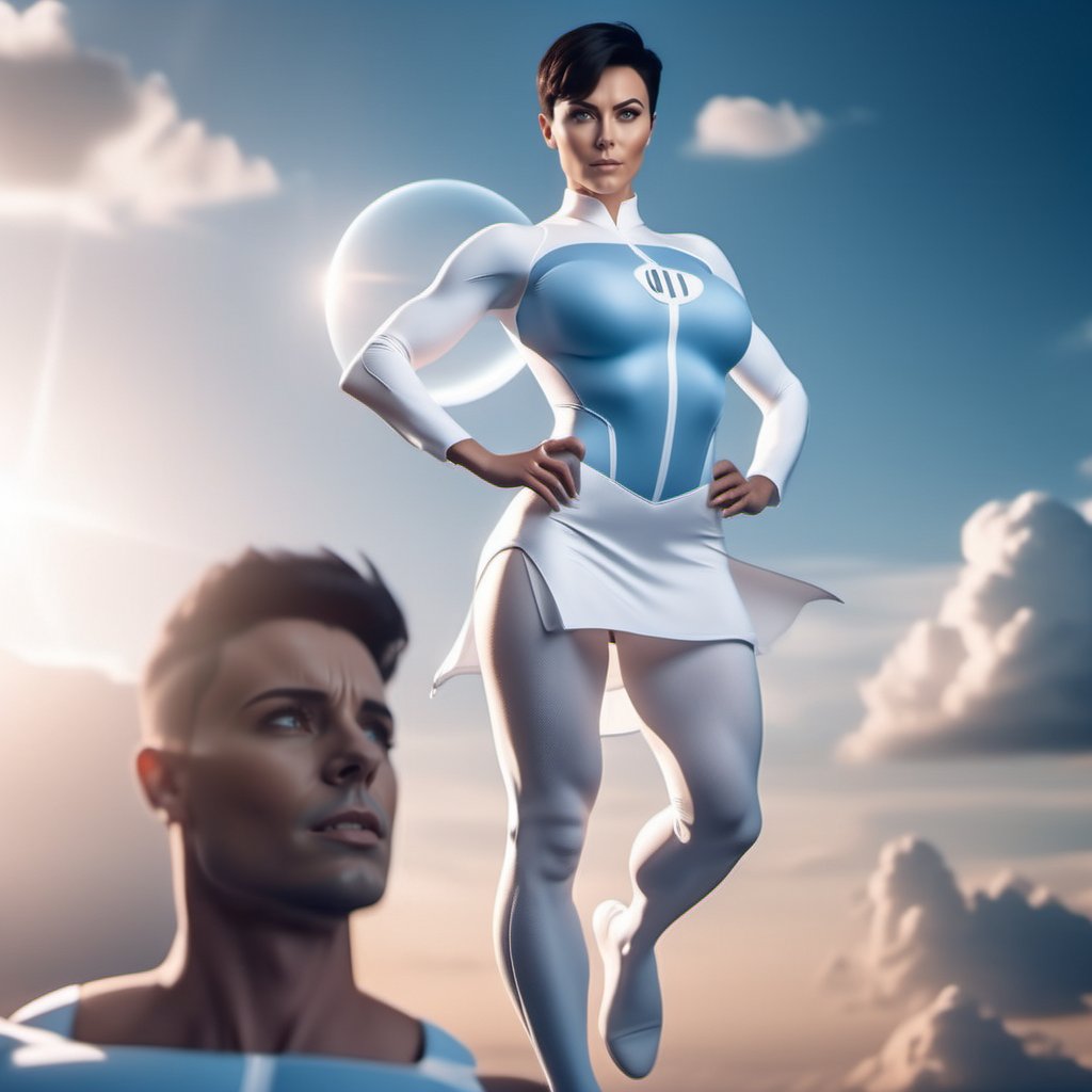 cinematic photo a (((full body))) muscular woman, short dark hair, huge breast, hourglass figures,wears a futuristic white and lightblue bodysuit, white miniskirt, poses, flying , surprised man in the front wearing a blue bodysuit, sun and clouds on the background<lora:Anissa1024:0.8> . 35mm photograph, film, bokeh, professional, 4k, highly detailed