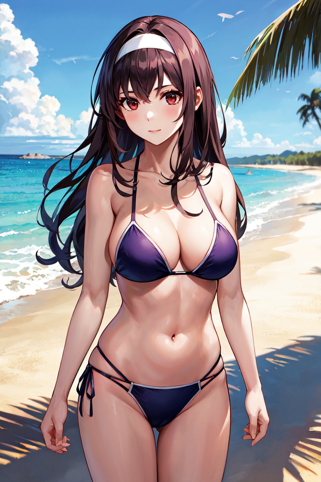 masterpiece, best quality, highres, aautaha, long hair, black hair, hairband, blue bikini, side-tie bikini bottom, <lora:kasumigaoka_utaha_v2-1:0.7>, beach, standing, cowboy shot, 