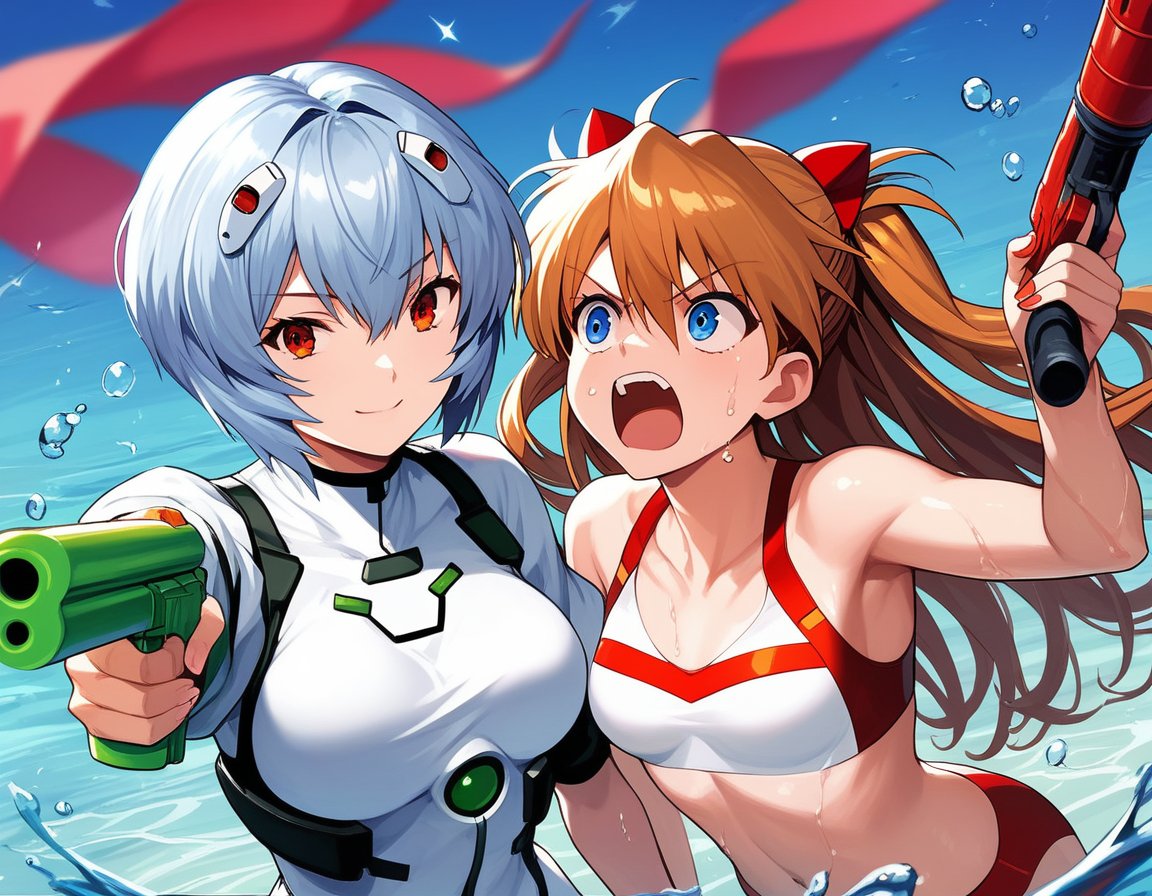 score_9, score_8, score_7, source_anime,rating_safe,2girls, a woman shooting another woman with a water gunBREAKayanami rei, smirkBREAKsouryuu asuka langley, wet, shouting, looking at another