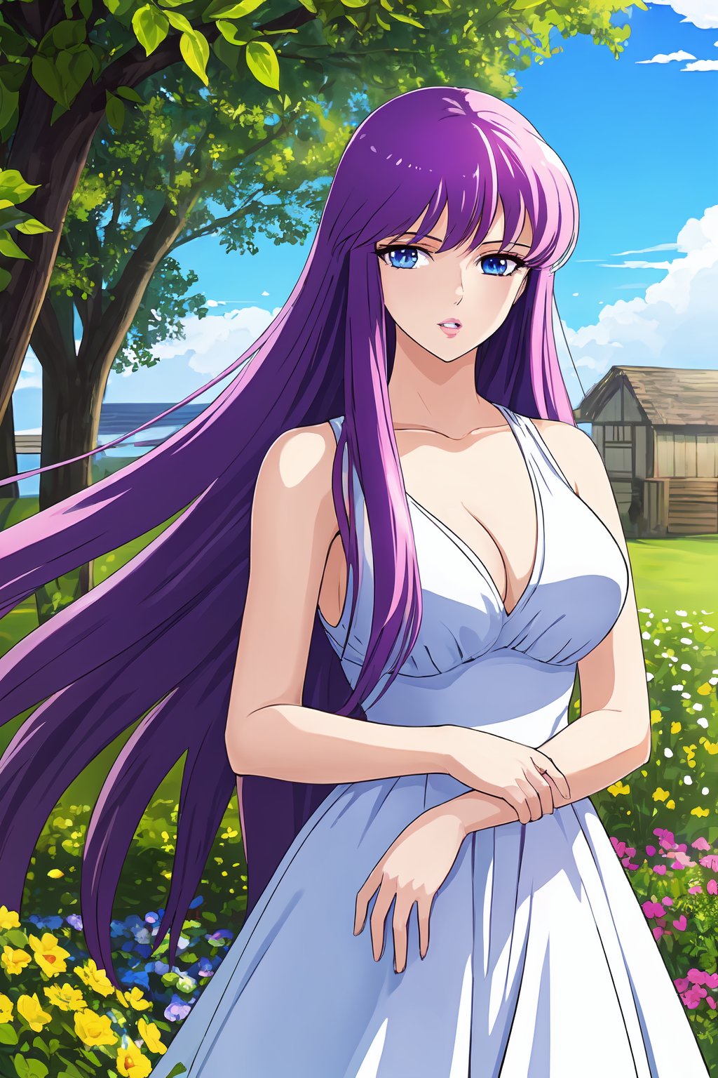 best quality, masterpiece, highres, official art, ultra detailed, cowboy shot, outdoors, scenery, sky, cloud, garden,kido_saori, solo, saori_sleeveless_white_dress, purple hair, blue eyes, looking at viewer, long hair, bangs, large breasts, parted lips, <lora:kido saori5-000007:0.6>