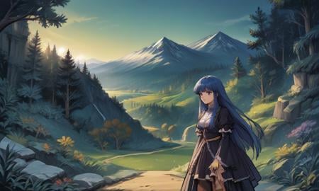 score_9, score_8_up, score_7_up, score_6_up, score_5_up, score_4_up, source_anime, BREAK, 1girl, bernkastel, long hair, blue hair, purple eyes, <lora:Bernkastel_XL:1>,  landscape, mountains, forest, cave,   <lora:PonyOldSchoolV2-08:1> 