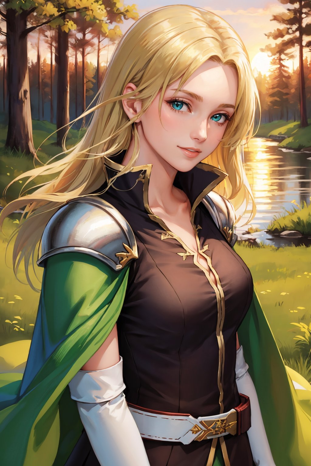 masterpiece, best quality, feSelena, brown tunic, green cape, white elbow gloves, shoulder armor, belt, upper body, looking at viewer, serene smile, forest, bog, sunset <lyco:selena-nvwls-v2-000008:0.9>