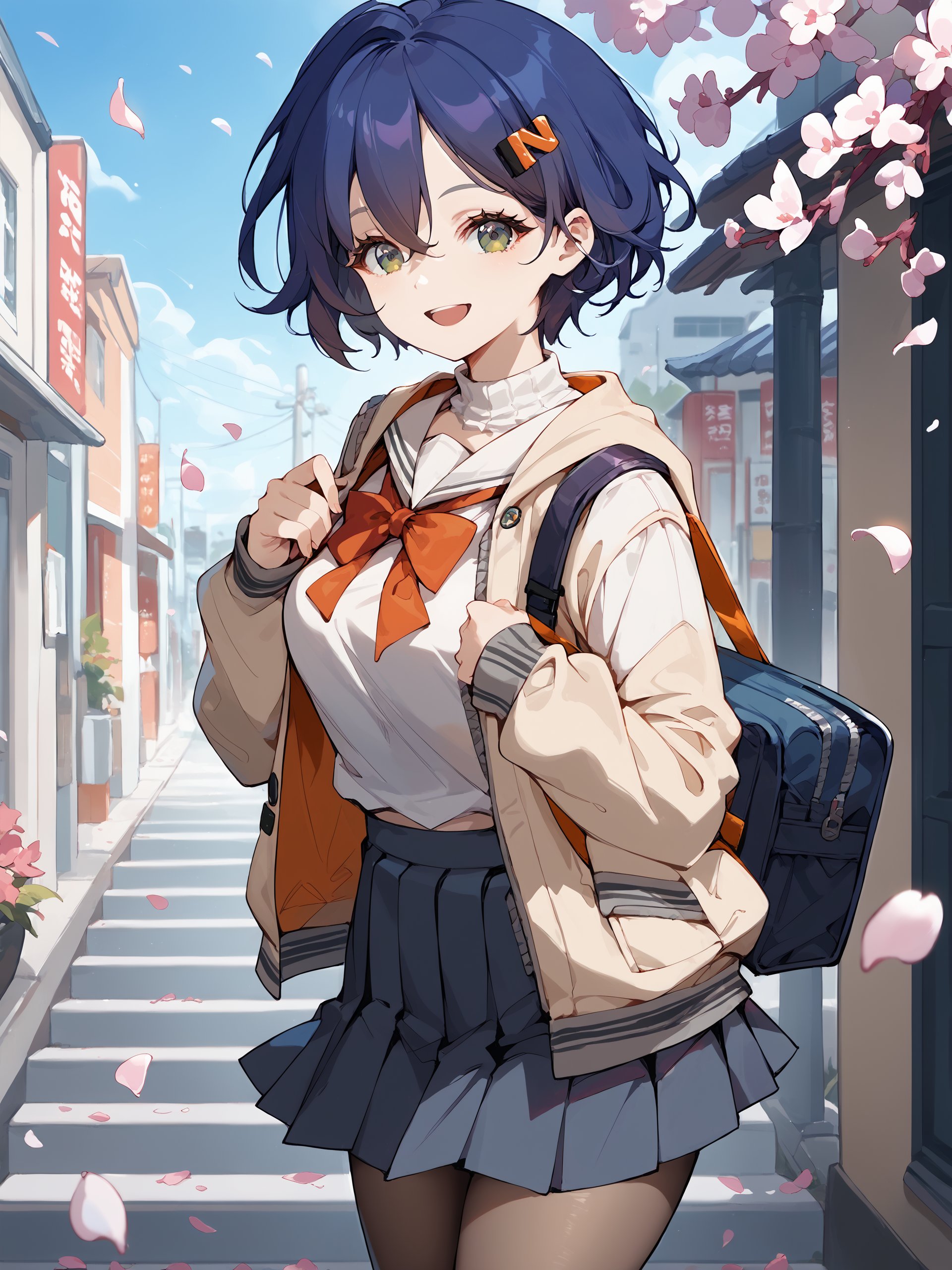 score_9, score_8_up, score_7_up, source_anime, 1girl, belle \(zenless zone zero\), hairclip, solo, school uniform, white shirt, sweater, pleated skirt, pantyhose, smile, open mouth, looking at viewer, outdoors, street, cherry blossoms, petals, depth of field <lora:Char-ZZZ-Belle-Pony-V1:0.9>