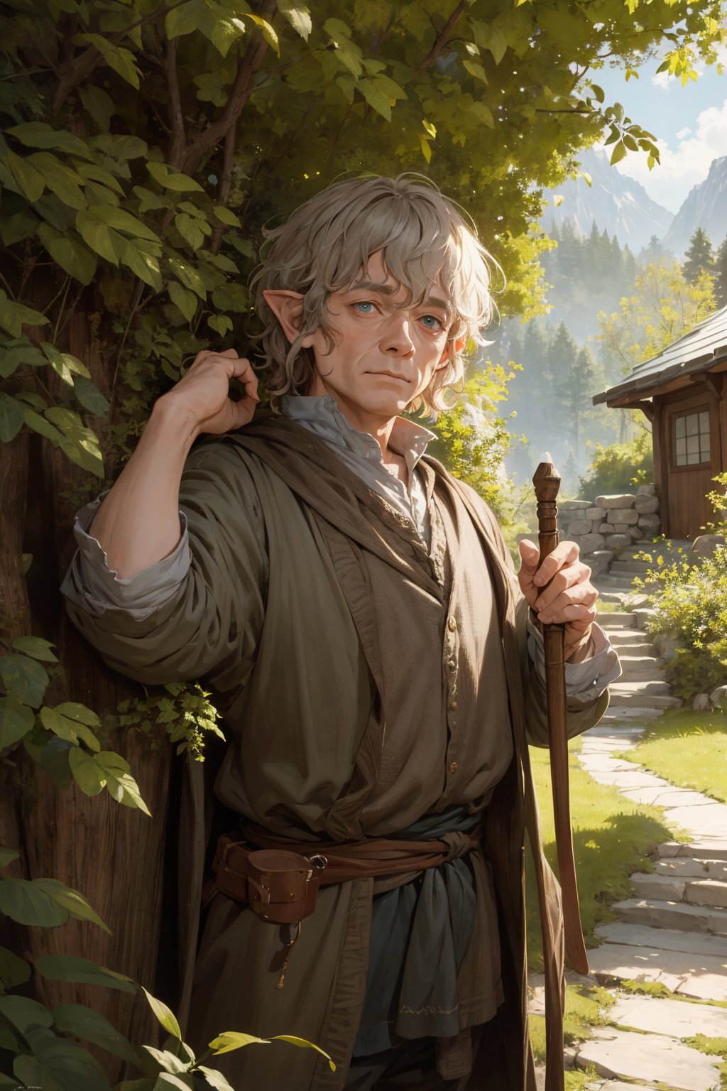 ((masterpiece)), ((best quality)), absurdres, 8k uhd, beautiful colors, insane detail,Portrait of Bilbo Baggins from Lord of the Rings standing outside hobbit home