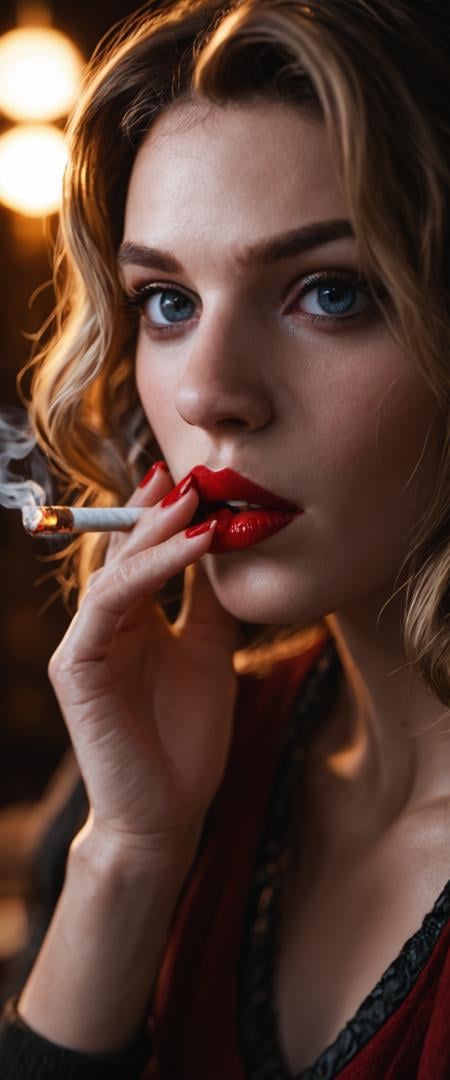 cinematic film still score_9, score_8_up, score_7_up, dramatic lighting, (realistic:1.3), (light freckles:0.4), medium shot <lora:lowlight:0.6> anya woman smoking a cigarette, red lipstick, lips on cigarette, pucker, smoke, close up, red nail polish . shallow depth of field, vignette, highly detailed, high budget, bokeh, cinemascope, moody, epic, gorgeous, film grain, grainy