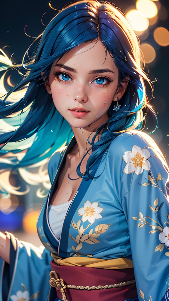 (best quality, masterpiece, colorful, highest detailed) upper body photo, fashion photography of cute (young cute french girl), floating blue hair, long hair, (water:0.7), waterdrop, wet, high detailed blue kimono texture, intricate pattern, ultra detailed, (textured clothing), (ultra-detailed body), (light smile:0.3), softlight passing through hair, (monochromatic bokeh background), (dynamic angle), (intricate details), (dynamic angle)