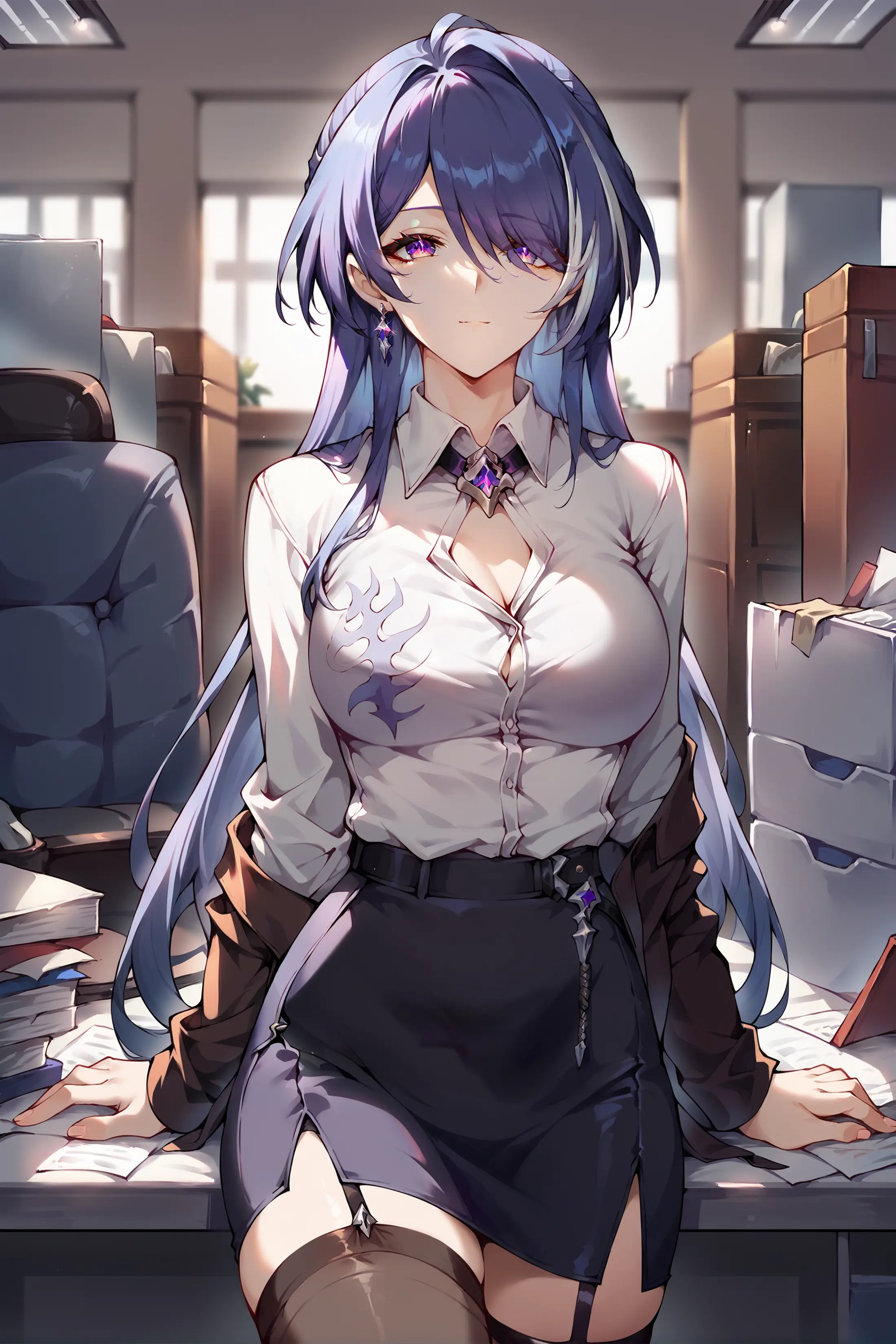 score_9, score_8_up, score_7_up, 1girl, acheron \(honkai: star rail\), solo, office lady, collared shirt, white shirt, pencil skirt, black thighhighs, looking at viewer, cowboy shot, light smile, office, indoors, depth of field <lora:Char-HonkaiSR-Acheron-Pony-V1:0.9>  <lora:urushihara-lora04_PonyXL:0.7>