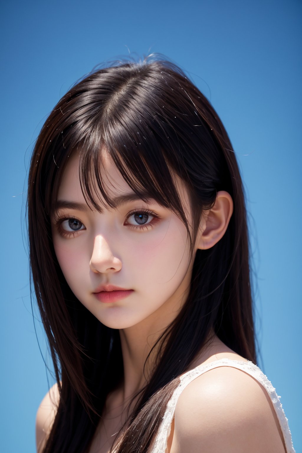 <lora:AgainEyes:0>,1girl,black hair,portrait,white dress,purple eyes,shining eyes,blue simple background,