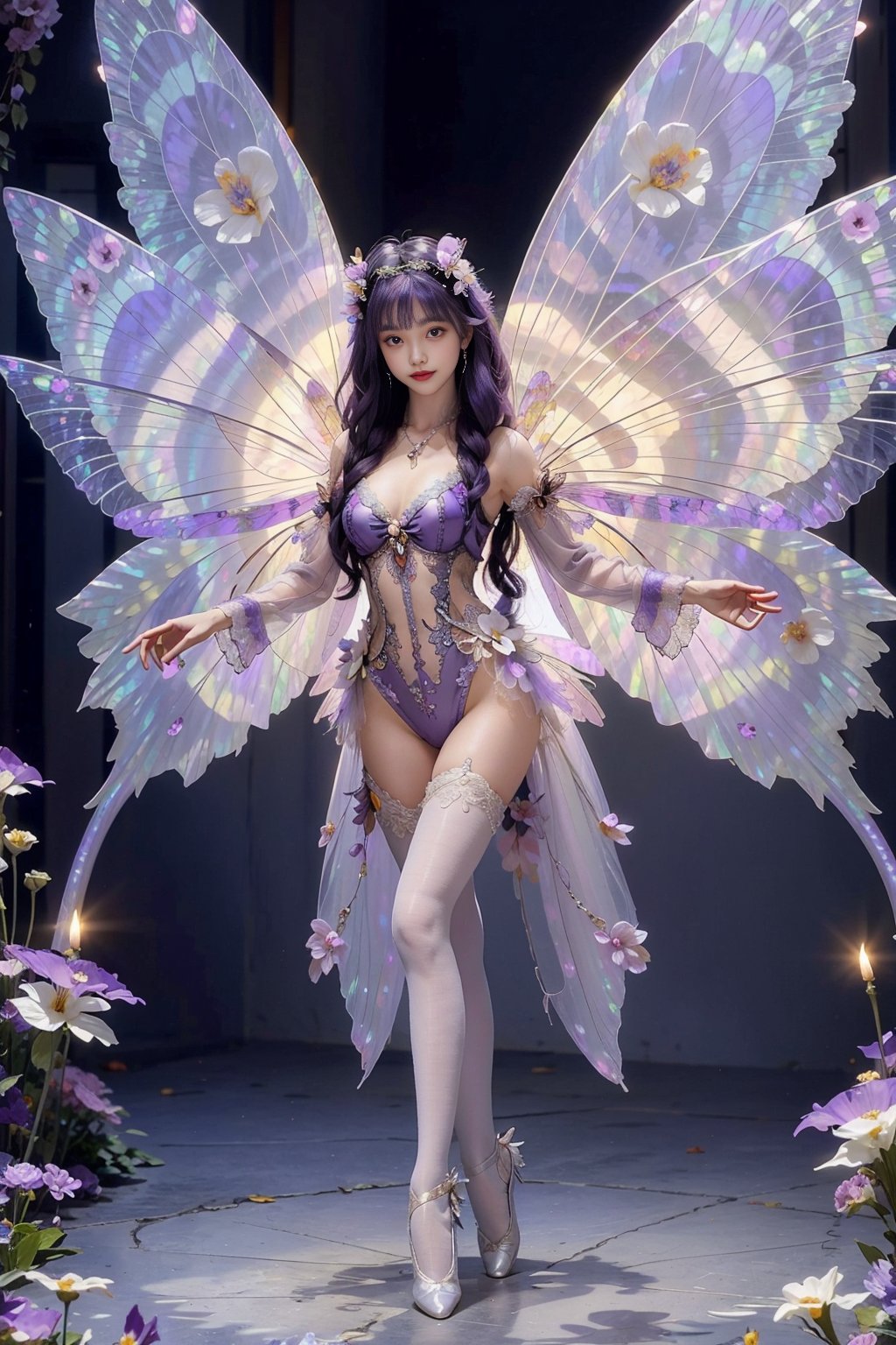 (1girl),solo,looking_at_viewer,(full_body:1.5),(standing:1),(purple Flower pattern leotard:1.1),(Flower pattern:1.1),(huge fairy wings:1.5),(purple lace detached long sleeves:1.2),fairy,Butterfly wings,sparkle,(hair flower garland:1.4),(blunt bangs:1),Flower necklace,Flower earrings,jewelry,Flower trim,(purple lace garter stockings:1),long curly hair,(smile:1),Flower field,Ballet shoes,