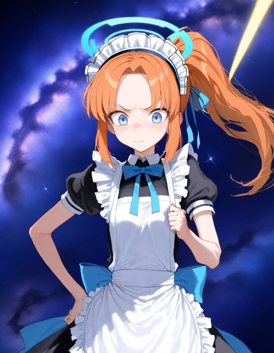 1girl, apron, blue bow, blue eyes, blue ribbon, bow, confused, dress, forehead, frilled dress, frills, hair ribbon, halo, maid, maid apron, maid headdress, mechanical halo, meme, orange hair, ponytail, puffy short sleeves, puffy sleeves, ribbon, short sleeves, solo, space, space cat (meme), triangle mouth, upper body, v-shaped eyebrows, yellow halo 