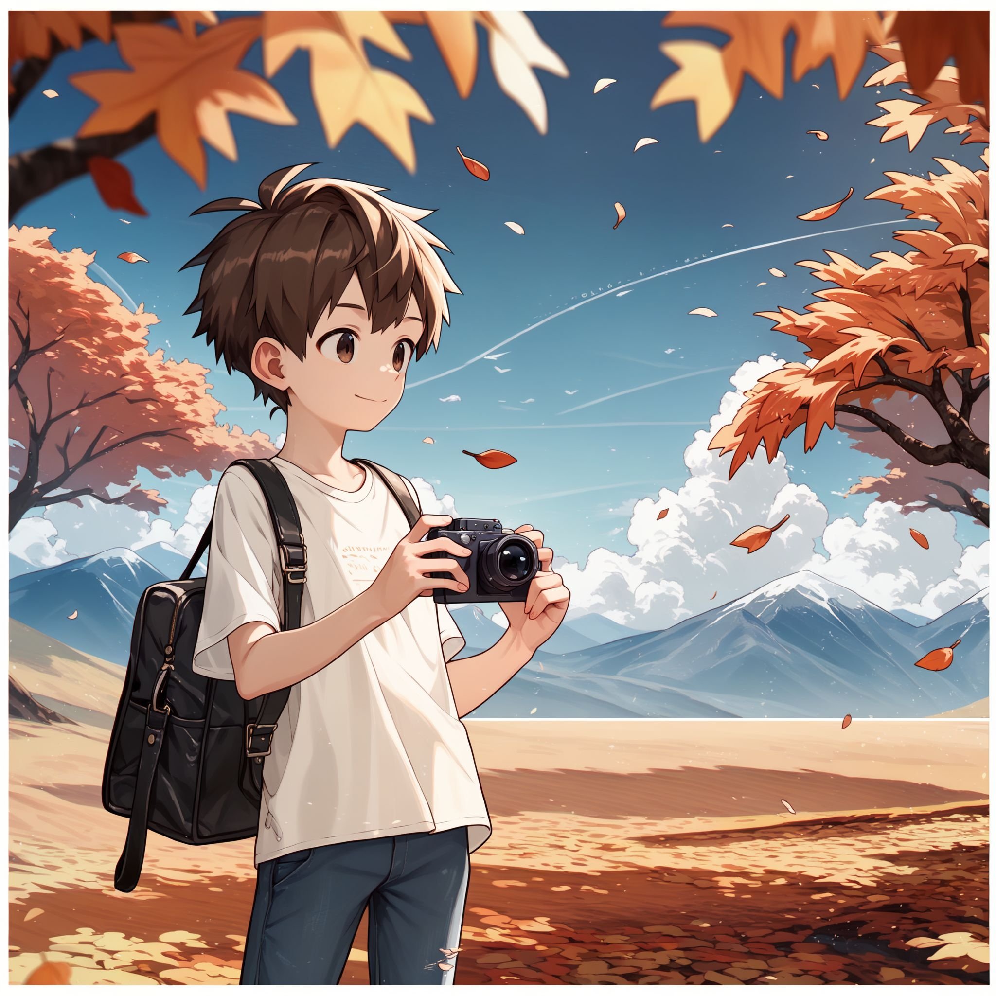 score_9, score_8_up, score_7_up, score_6_up, outdoors, mountains, evening, white border, 1boy, solo, young, brown hair, shirt, pants, standing, wind, leaves, holding camera, closed mouth, smile, depth of field, chromatic aberration, screentones, geometric shapes <lora:koe-mixpi_AMXL_v2_ShoAI:0.95>