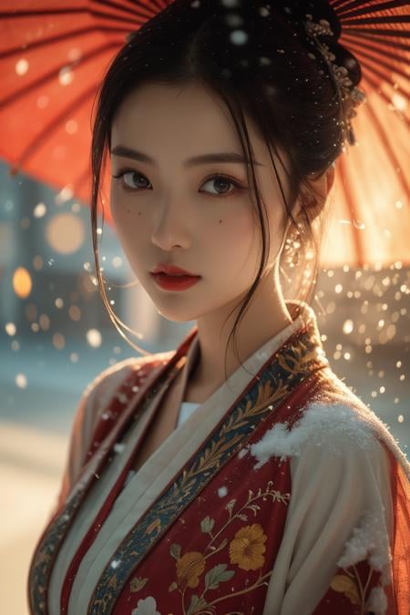 Warm Snow,1girl,solo,umbrella,oil-paper umbrella,blurry,looking at viewer,hair ornament,red lips,upper body,black hair,chinese clothes,depth of field,blurry background,realistic,bokeh,makeup,lipstick,sexy pose,best quality,masterpiece,illustration,an extremely delicate and beautiful,CG,unity,8k wallpaper,Amazing,finely detail,masterpiece,official art,extremely detailed CG unity 8k wallpaper,incredibly absurdres,huge filesize,ultra-detailed,highres,extremely detailed,beautiful detailed girl,realistic,<lora:Warm Snow_20240127032610:0.8>,