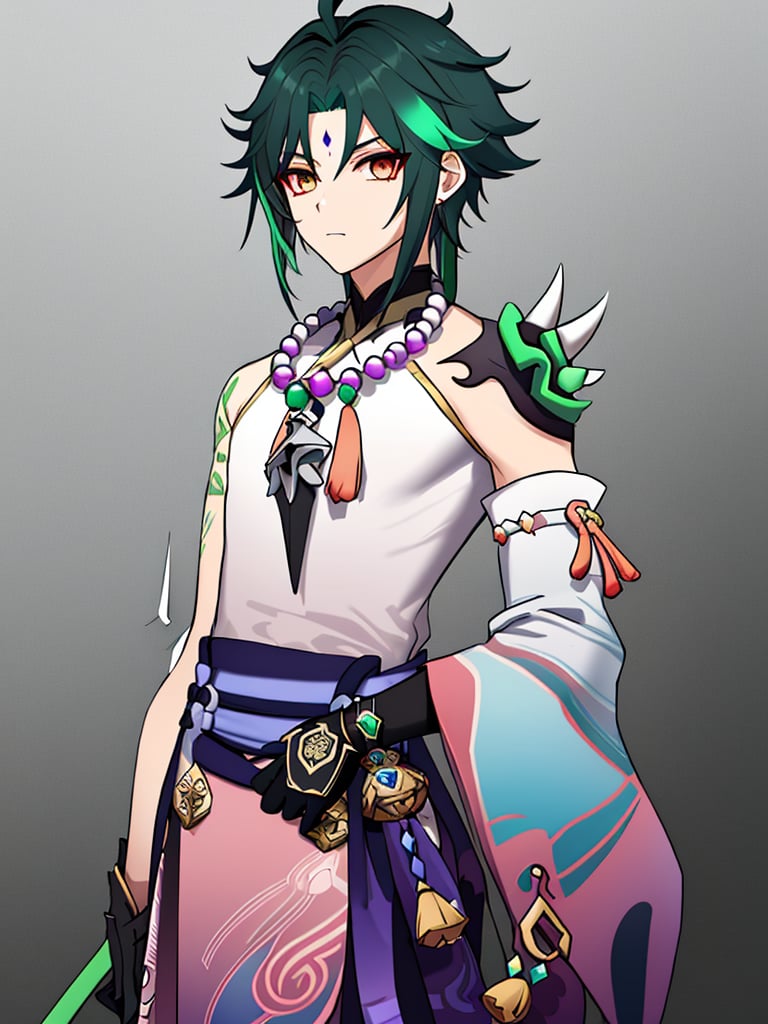 xiao (genshin impact),beads,gloves,bead necklace,1boy,necklace,jewelry,male focusforehead mark,tassel,asymmetrical clothes,solo,black gloves,ahoge,detached sleeves,arm guards,shoulder spikes,bangs,parted bangs,single detached sleeve,two-tone hair,green gloves,right arm tattoo,his left shoulder was covered with a spiked shoulder armor,black and green gradient hair,waist pendant,he wore a mask around his waist,standing on fire,