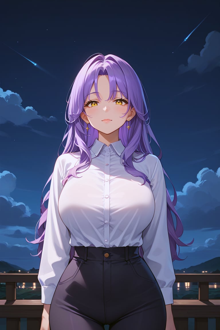 masterpiece, 1girl, high quality, deep_skin, extremely high quality, score_9, score_8_up, score_7_up, source_anime,SwanBren, 1girl,long hair,yellow eyes,purple hair,mature female, tall, looking_at_viewer, milf, black sky, night, clouds, dark lights, focus face, seducing, narrow waist, black pants, white shirt<lora:EMS-384508-EMS:0.500000>, <lora:EMS-428654-EMS:0.600000>