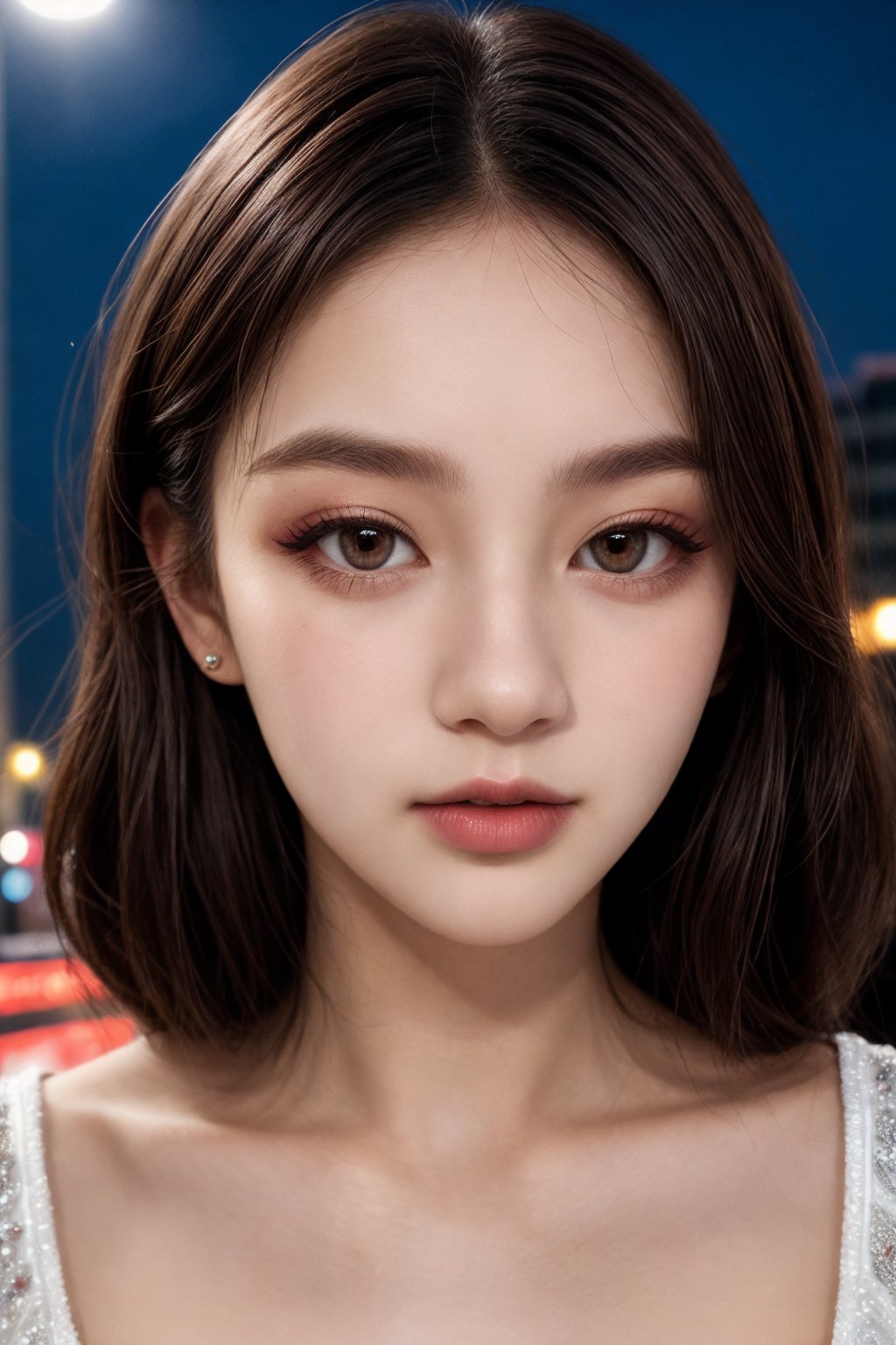 instagram photo, closeup face photo of 18 y.o woman in dress, beautiful face, makeup, night city street,