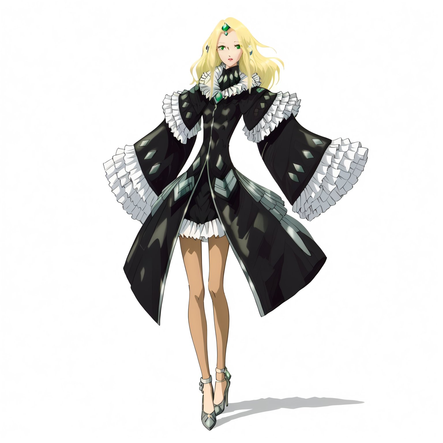 <lora:FatimaPasitheaXLpony002>,solo,FatimaPasithea,1girl,blonde hair,long hair,green eyes,black body suit,black dress,long_sleeves,wide_sleeves,frill sleeve,brown pantyhose,high_heels,full body,standing,