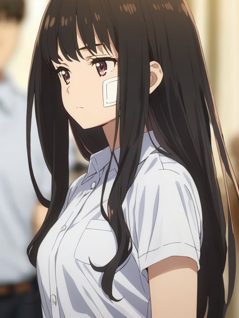 masterpiece,bestquality,<lora:inoue_takina-000006:0.8>,inoue takina,1girl,long hair,solo,black hair,blurry background,blurry,closed mouth,shirt,bandaid,collared shirt,bandaid on face,white shirt,