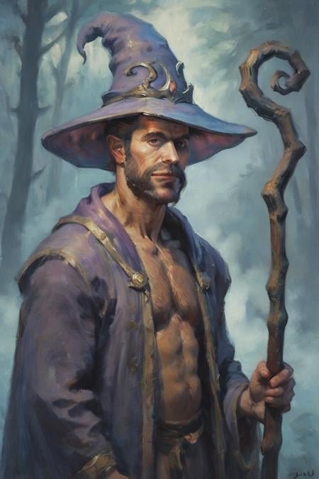 score_9, score_8_up, score_7_up, oil painting, traditional media, realistic, 1boy, solo, male focus, mature male, wizard, long hair, brown hair, black eyes, looking at viewer, hat, facial hair, beard, mustache, staff, wizard hat, purple hat, robe, purple robe, cloak, holding, holding staff, upper body, standong, outdoors,  forest, nature, tree, fog, dark background <lora:Impressionism Oil Painting Style LoRA_Pony XL v6:1>