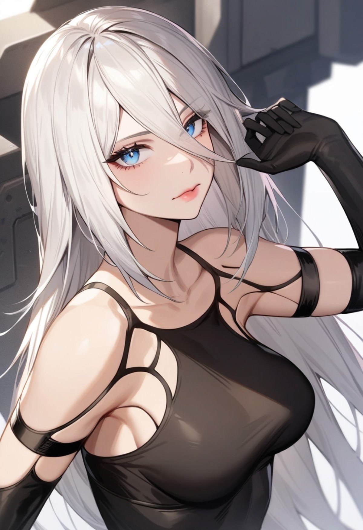 masterpiece,best quality,very aesthetic,absurdres,<lora:a2_a3:1>,1girl,a2_\(nier:automata\),absurdres,android,armlet,bare_shoulders,black_gloves,blue_eyes,breasts,closed_mouth,collarbone,elbow_gloves,eyelashes,gloves,hair_between_eyes,highres,lips,long_hair,looking_at_viewer,medium_breasts,nose,pink_lips,robot,science_fiction,sleeveless,solo,tank_top,upper_body,white_hair,