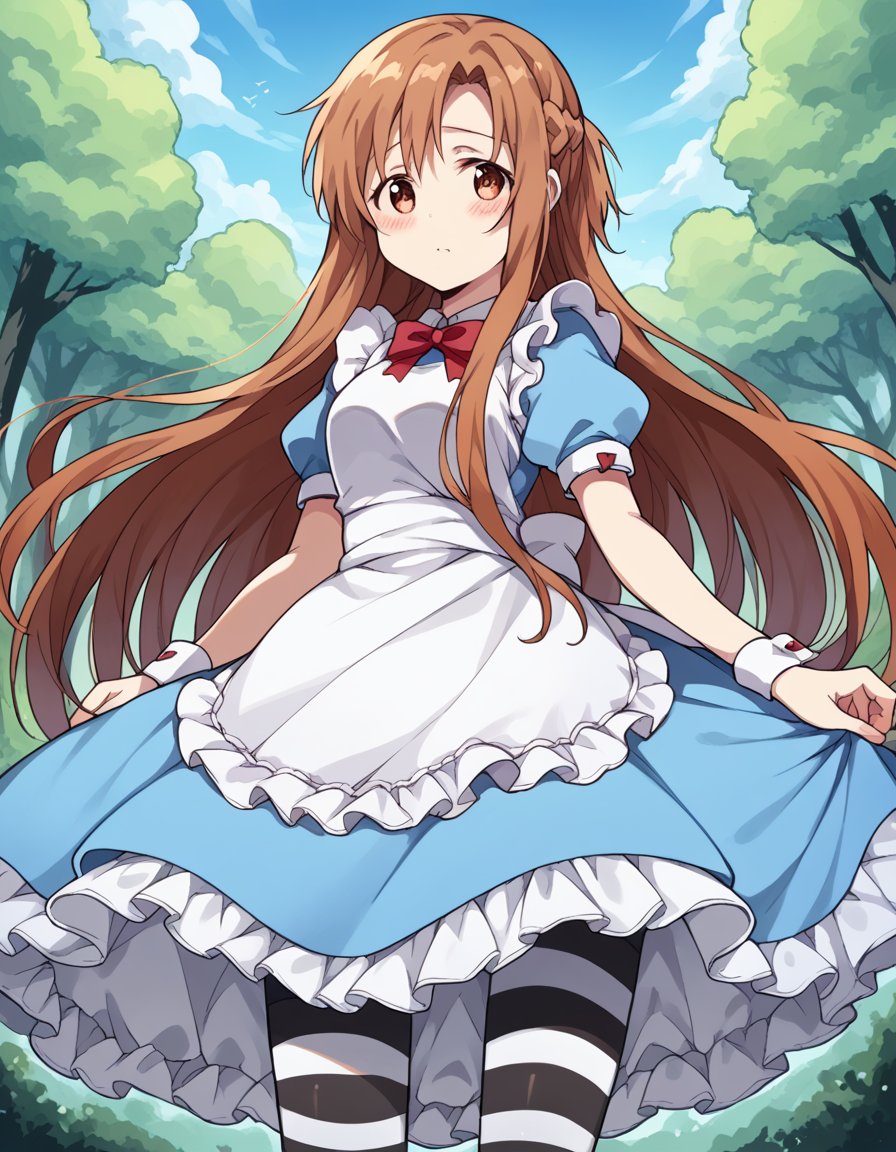 score_9, score_8_up, score_7_up, source_anime, asunayuuki, <lora:asuna-yuuki-s1-ponyxl-lora-nochekaiser:1>, asuna yuuki, long hair, brown hair, brown eyes,, <lora:alice-cosplay-ponyxl-lora-nochekaiser:1>, alicecosplay alice \(alice in wonderland\) \(cosplay\), apron, black pantyhose, bloomers, blue dress, bow, dress, frilled apron, frilled dress, frills, puffy short sleeves, puffy sleeves, striped clothes, striped pantyhose, white apron, white bloomers, white pantyhose, wrist cuffs,, landscape, forest, blush,, cowboy shot, dutch angle, solo,