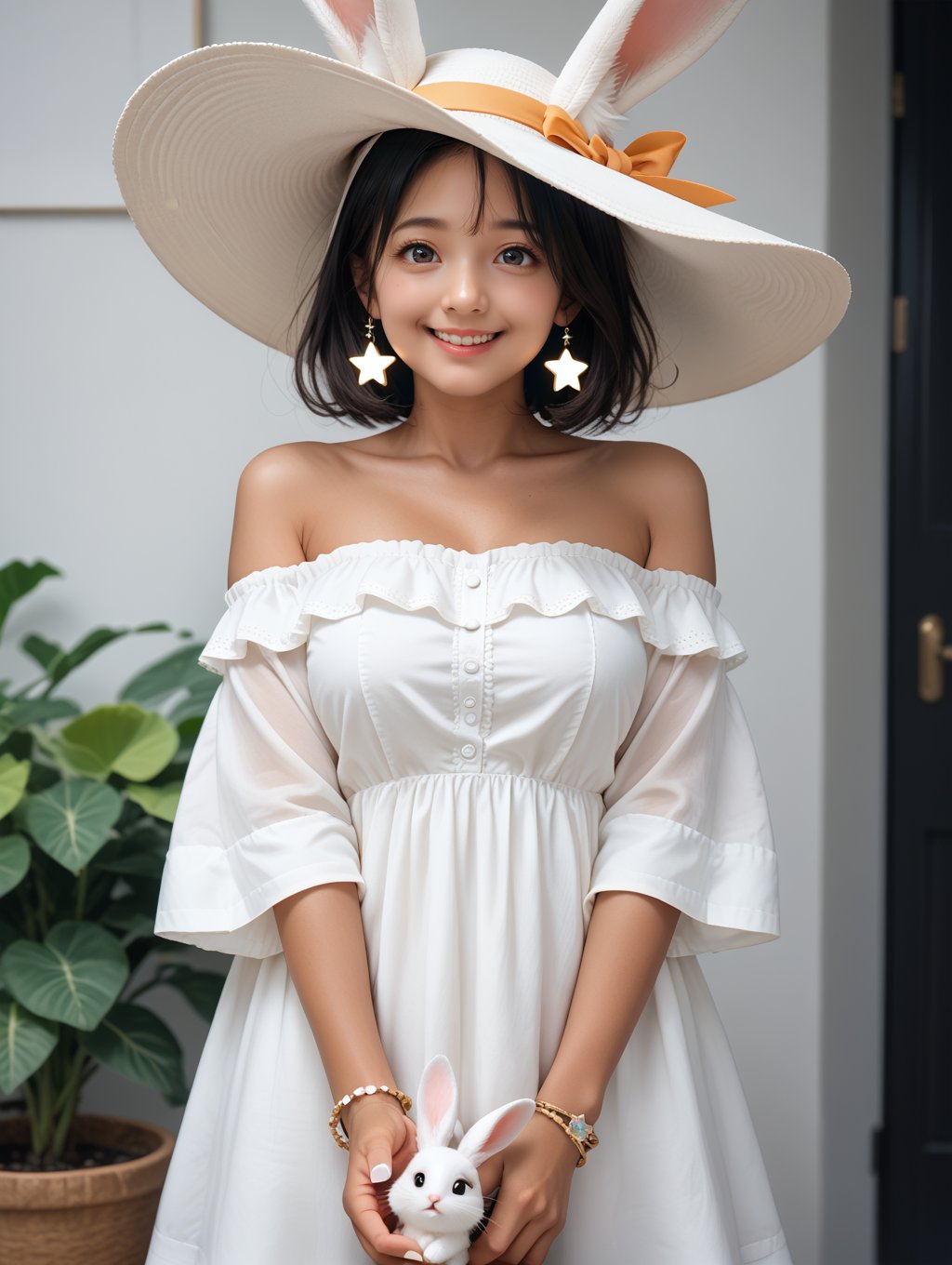 score_9, score_8_up, score_7_up,source_real,rating_explicit,BREAKmature female, solo, smiling, embarrassed, dark skin, dark eyes, black hair, sunhat, white headdress, rabbit ear hat, off-shoulder shirt, white shirt, off-shoulder, strapless, holding a star, eyes shining, white manicure, bracelets, ⭐️