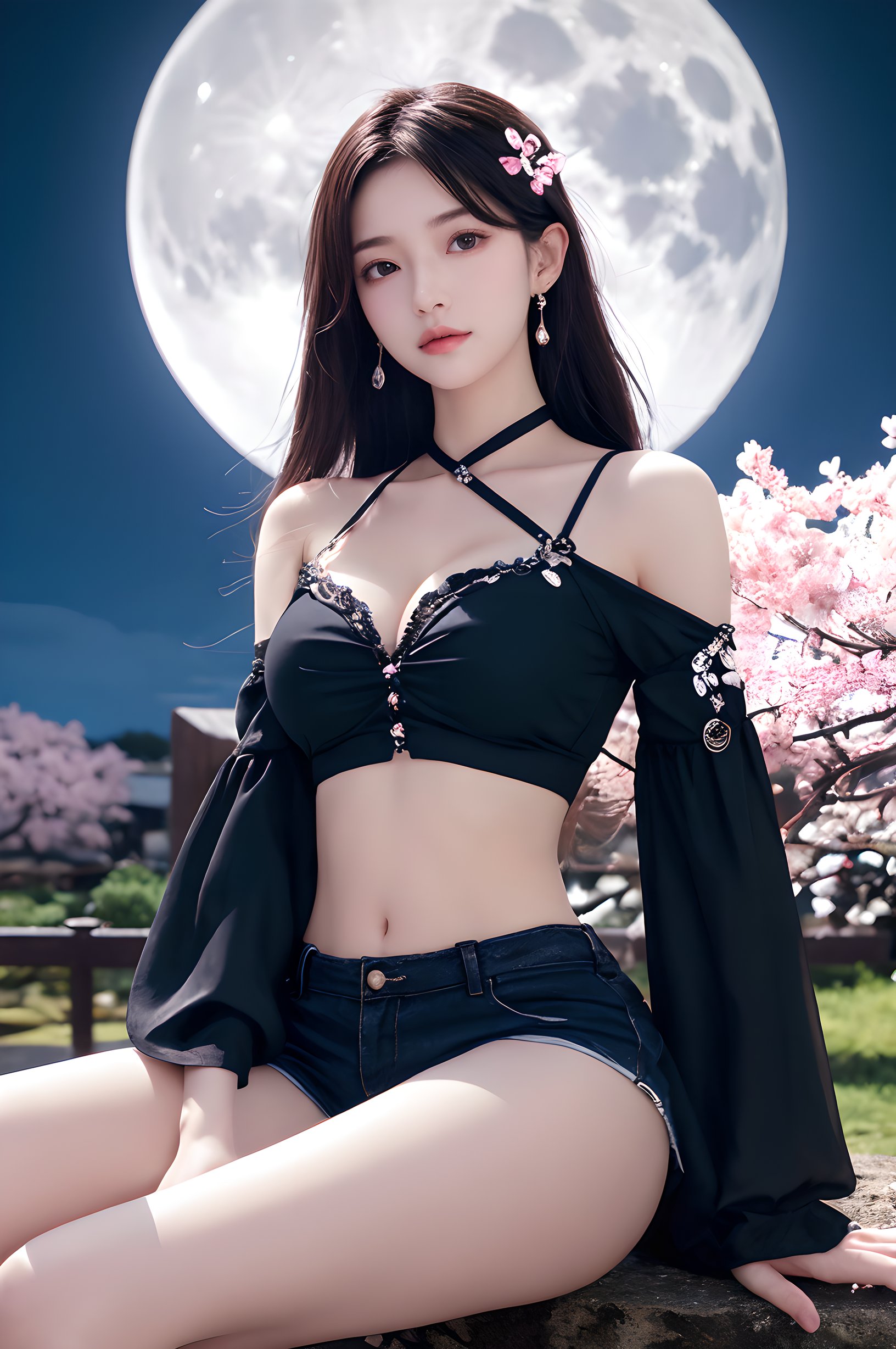 1girl, artist name, bare shoulders, black hair, branch, breasts, cherry blossoms, cleavage, crop top, detached sleeves, earrings, flower, full moon, hair ornament, jewelry, long hair, looking at viewer, midriff, moon, moonlight, navel, night, night sky, outdoors, shorts, sitting, sky, solo, tree