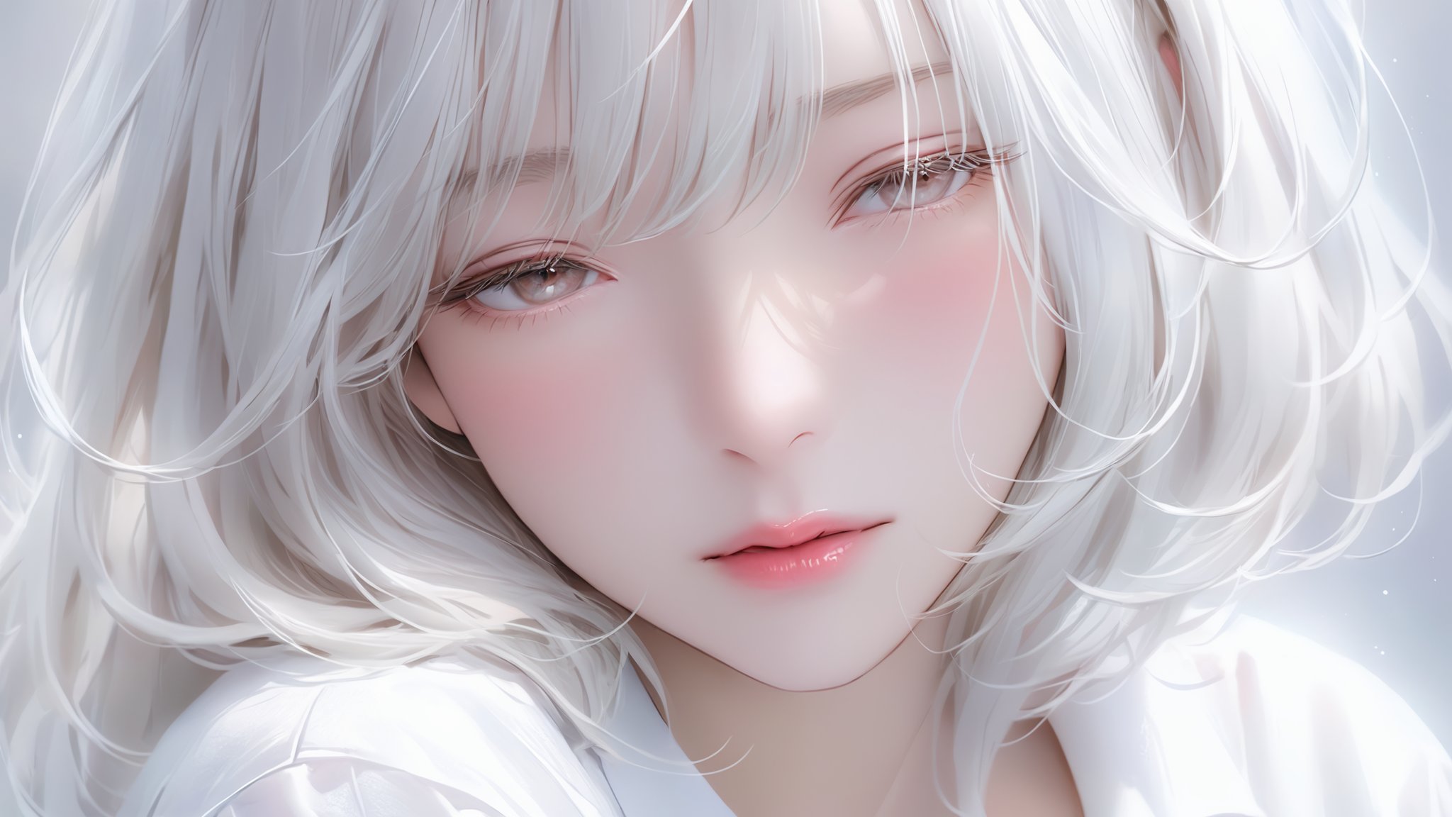 1girl, lips, realistic, solo,Silver white hair, white shirt, slightly rosy face,((open your eyes))