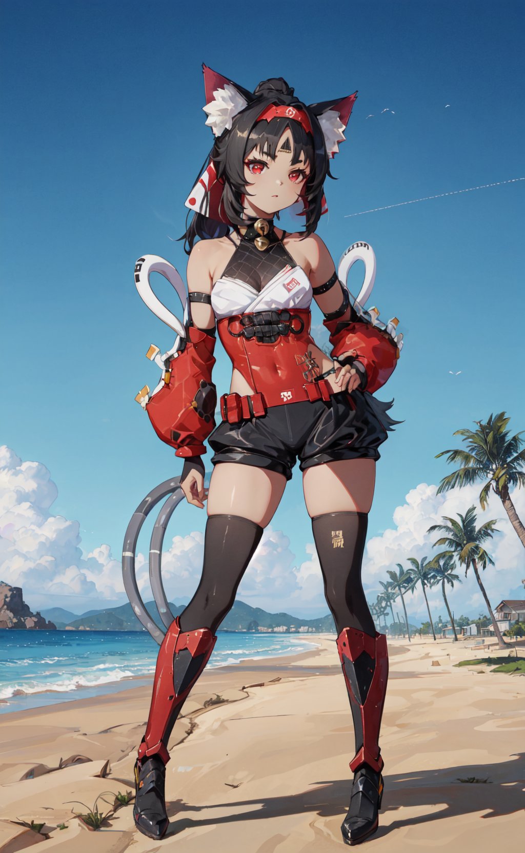 <lora:Nekomiya-000020:1>,Nekomiya CYQL,1girl,looking at viewer,solo,animal ears,black hair,tail,shorts,thighhighs,red eyes,cat ears,cat tail,multiple tails,black thighhighs,black shorts,two tails,bell,detached sleeves,facial mark,bare shoulders,cat girl,hairband,bridal gauntlets,animal ear fluff,ponytail,leotard,high heel boots,armor,sad,panorama,Amidst the boundless expanse of sand, a verdant oasis stands like a mirage, where clear pools are shaded by date palms,beautiful detailed sky,beautiful detailed glow,posing in front of a colorful and dynamic background,masterpiece,best quality,beautiful and aesthetic,contrapposto,female focus,wallpaper,