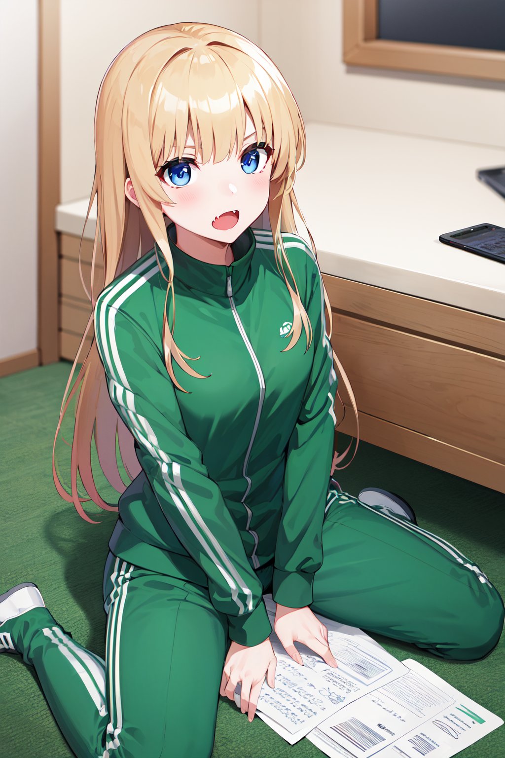 masterpiece, best quality, highres, aaeriri, long hair, fang, track jacket, green jacket, long sleeves, track pants, green pants, <lora:sawamura_spencer_eriri_v1:0.7>, wariza, room, papers,