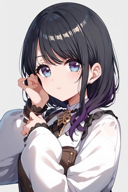 score_9, score_8_up, score_7_up, score_6_up,<lora:Takao_Toka:0.9> takao, 1girl, solo, black hair, mole under eye, mole, looking at viewer, blue eyes, hand on own head, bangs, long sleeves, simple background, grey background, closed mouth, multicolored hair, stadef, close-up,