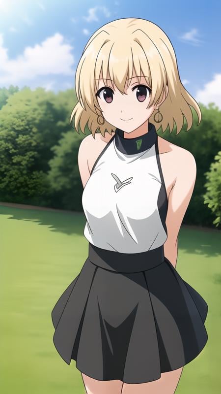 shamal, 1girl, light smile,standing, arms behind back,white tank top, black skirt,outdoors, park, lake,<lora:nanoha-strikers-shamal:0.7>