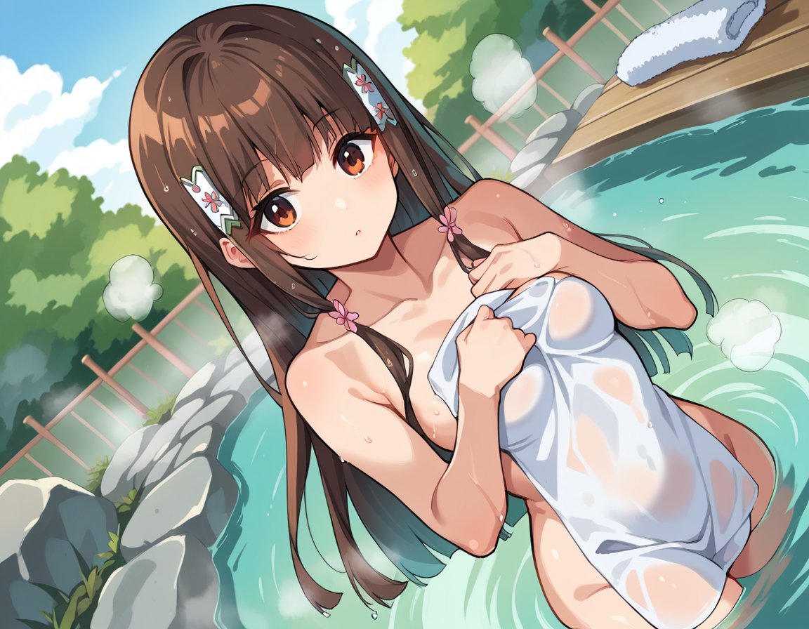 score_9, score_8_up, score_7_up, source_anime,koborii, <lora:koborii-ponyxl-lora-nochekaiser:1>koborii, brown eyes, brown hair, long hair, hair flower, hair ornament, sidelocks,nude, naked, outdoors, onsen, towel, naked towel, steam, bathing, nude cover, partially submerged, water, bath, steam censor, wet towel,looking at viewer, dutch angle, cowboy shot